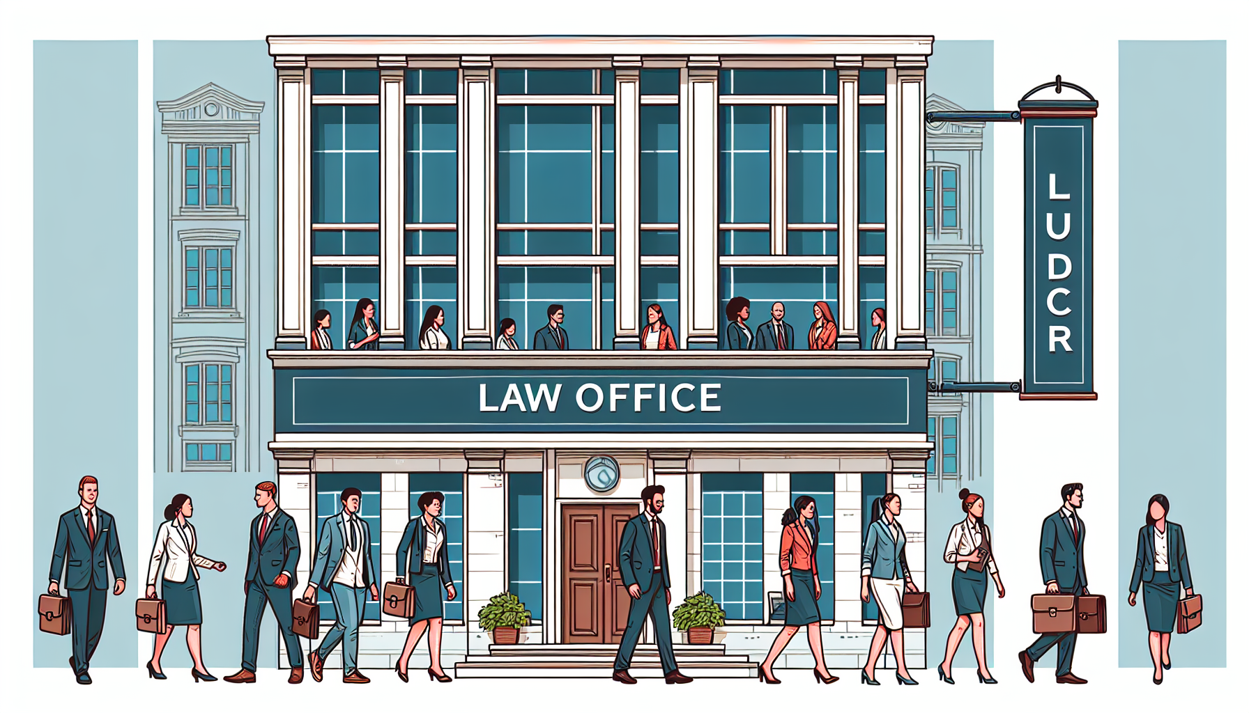Illustration of a two-story law office building with people walking in and out, carrying briefcases, under a sign reading "LUDCR," specializing in property transaction legal services.