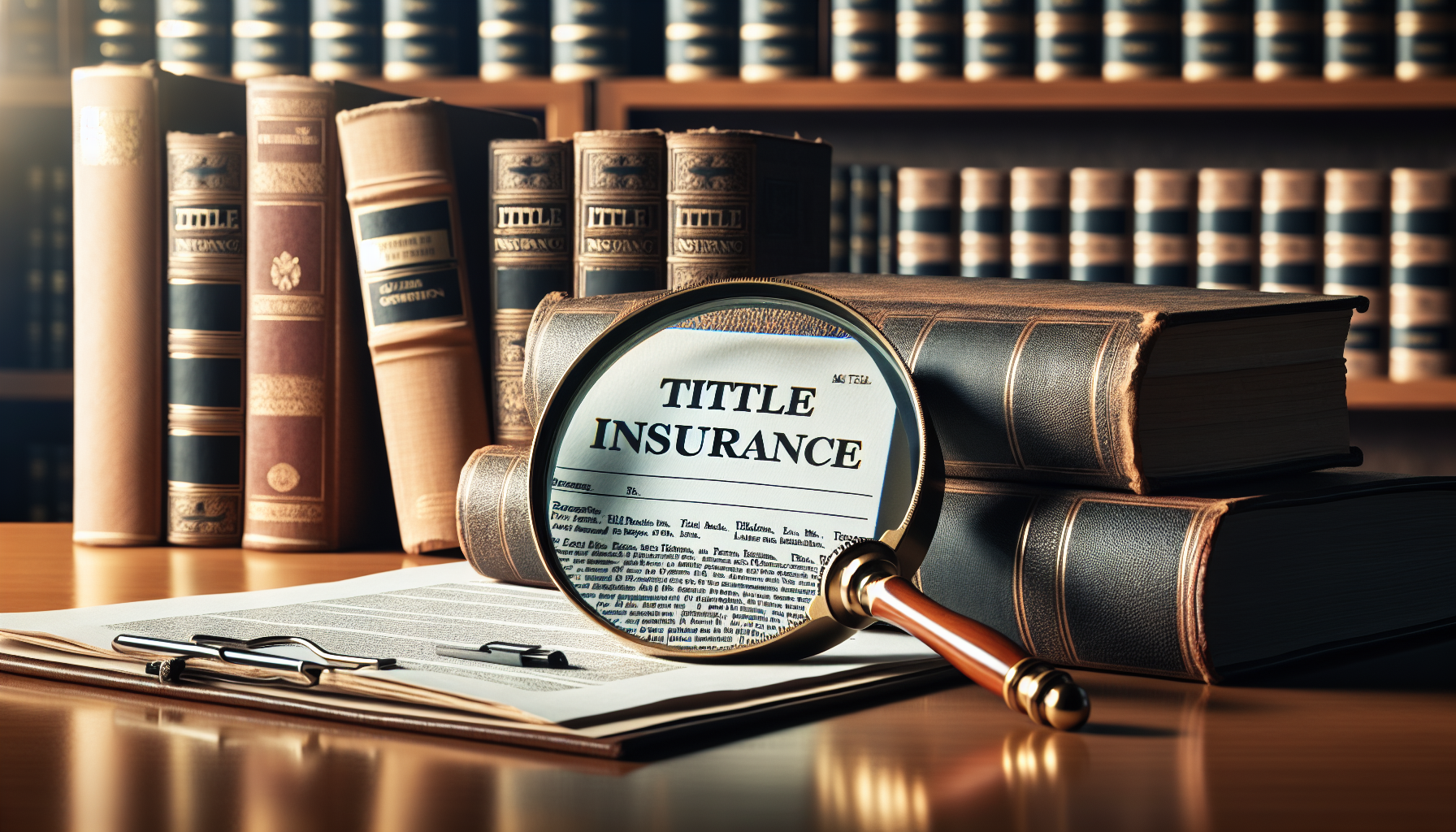 A magnifying glass highlighting a document labeled "Title Insurance" on a desk, surrounded by stacks of books and legal files in a library or office setting, exemplifies the thoroughness expected from New York real estate attorney services.