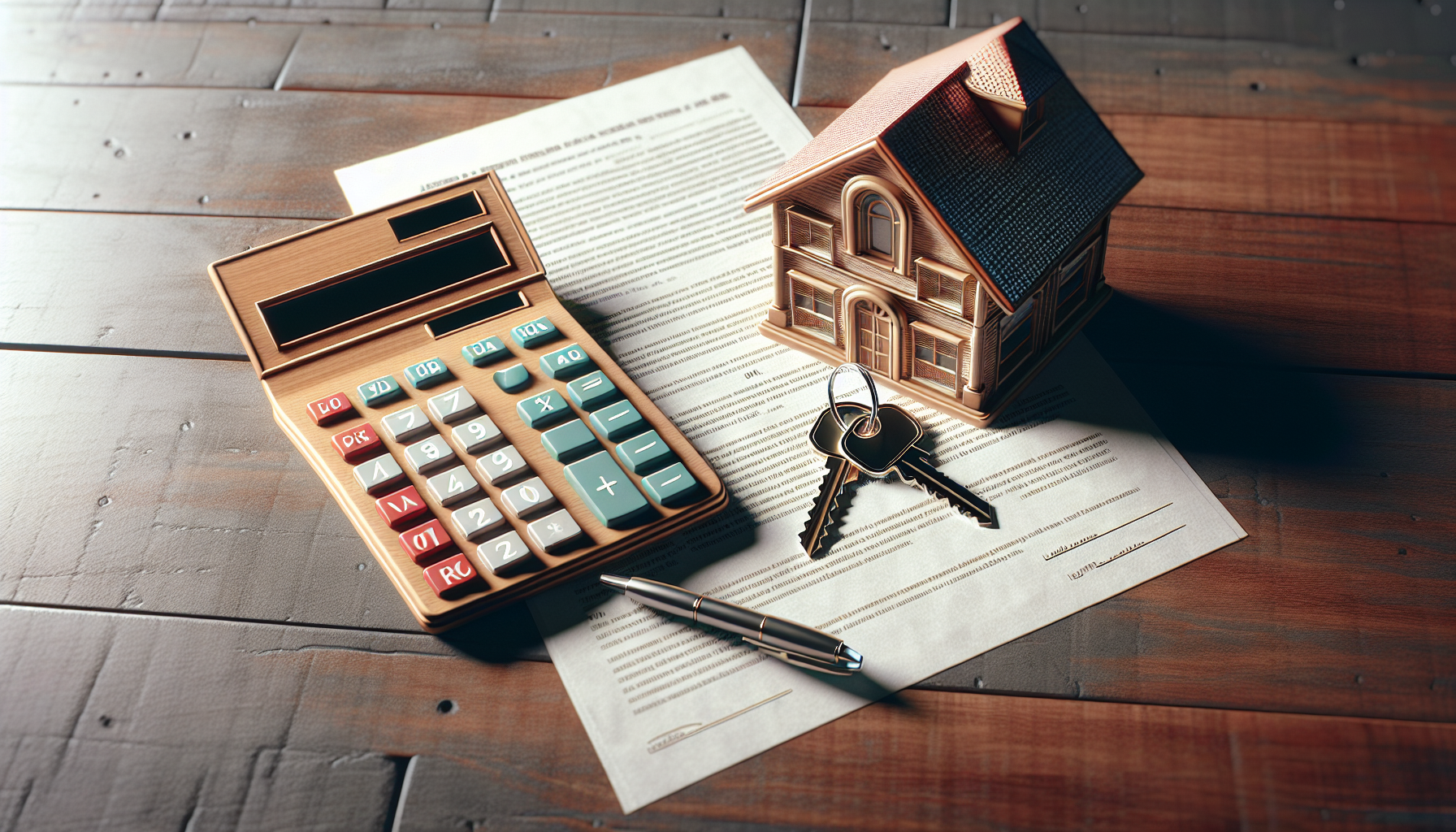 A calculator, a small house model, a pair of keys, a pen, and documents&mdash;tools essential for real estate attorney responsibilities&mdash;are placed on a wooden surface.
