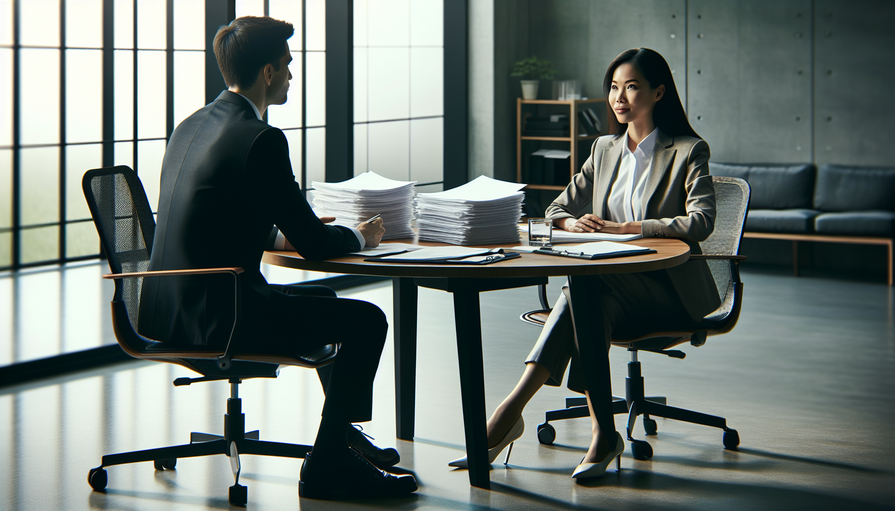 Two professionals, likely engaged in a New York real estate attorney services consultation, sit across from each other at a round table in a modern office. Stacks of documents lie between them as they converse. A large window and shelves frame the background.