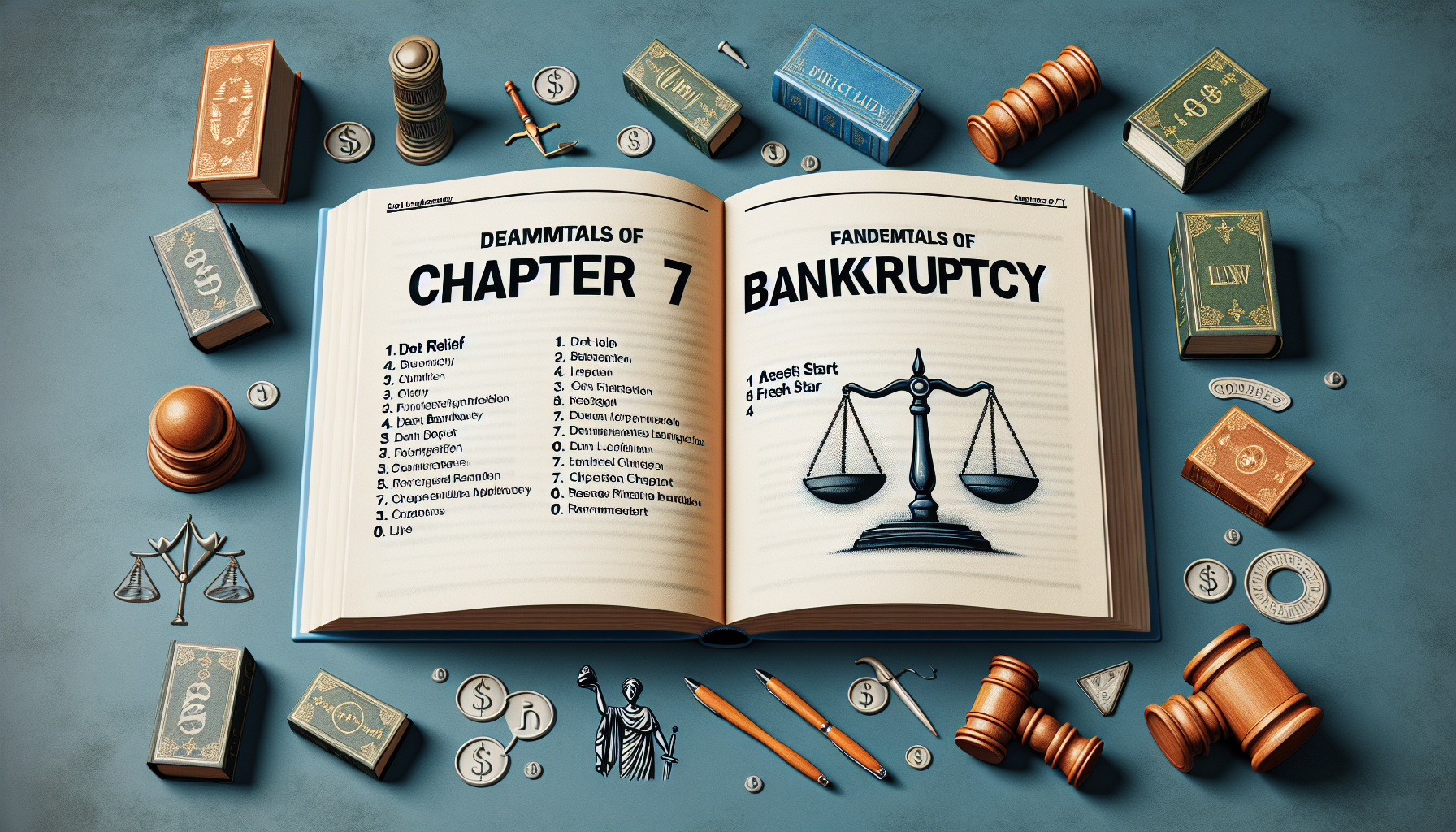 An open book titled "DRAWBACKS OF CHAPTER 7" and "FANDEMNTALS OF BANKRUPTCY" with lists, surrounded by law symbols, gavel, scales of justice, books, coins, and dollar signs on a blue background.