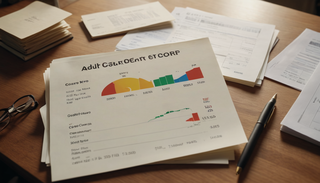 Business report with pie chart and line graph on paper, surrounded by chapter 7 341 meeting questions and a pen, on a wooden desk.