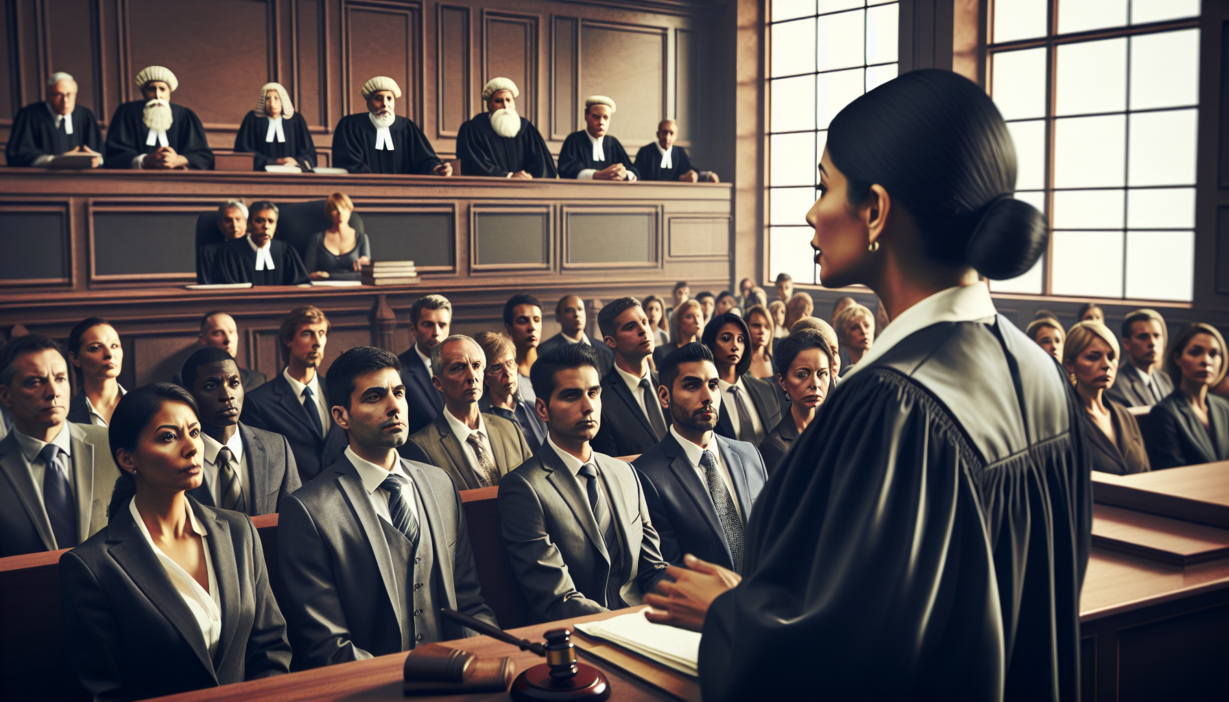 A lawyer, specializing in real estate contract review, addresses a jury in a packed courtroom, with judges and attorneys observing from the bench.