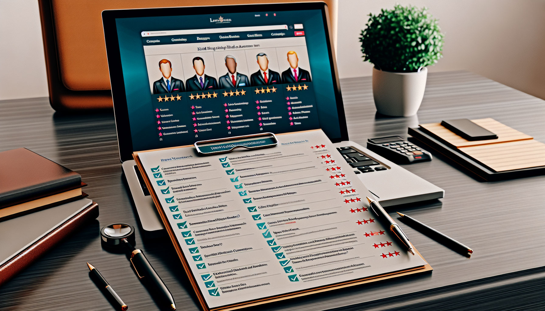 A laptop screen shows a photo of professionals with star ratings, while a printed checklist detailing property transaction legal services lies on a desk next to office supplies.