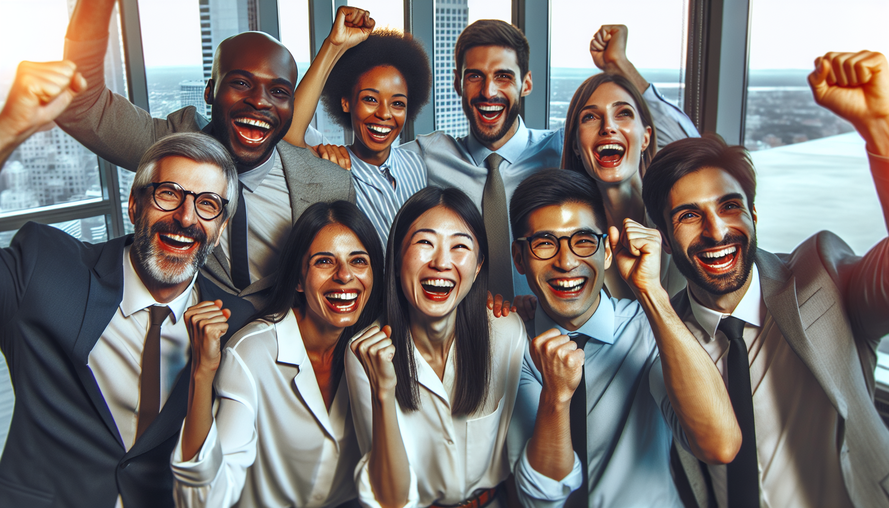 Un grupo diverso de nueve profesionales de negocios vestidos de oficina están parados juntos en un entorno de oficina, sonriendo y levantando sus puños en una muestra de logro y entusiasmo.