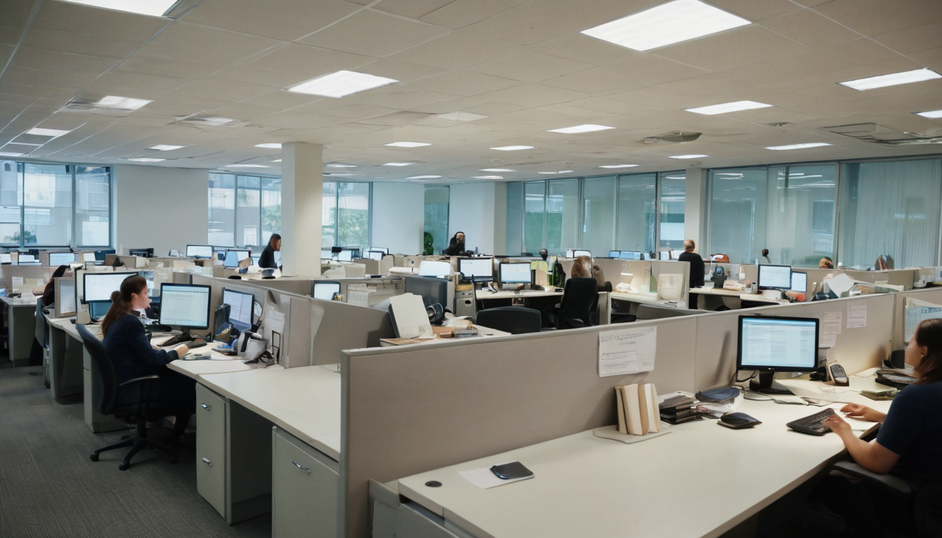 Open-plan office with employees working at cubicles, each equipped with computers and monitors. Some individuals are actively typing, while others are engaged in conversations or phone calls, managing tasks related to Consumer Debt Recovery and Debt Validation for Radius Global Solutions.