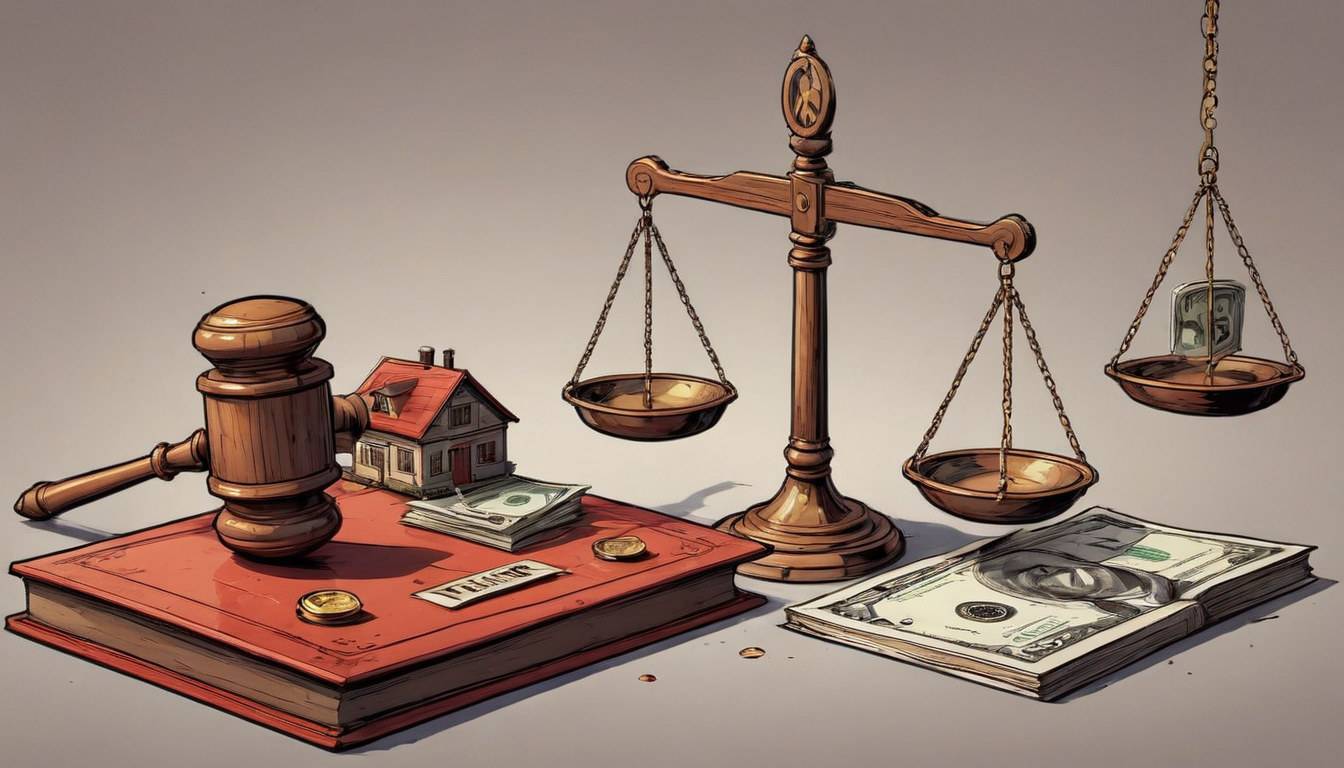 Un mazo sobre un libro legal con la etiqueta "CONFIANZA", un modelo de casa pequeña y fajos de dinero, junto con una balanza de la justicia con dinero en efectivo en un lado. Esta configuración subraya los elementos financieros y legales relacionados con la propiedad, la ley y el procedimiento de bancarrota.