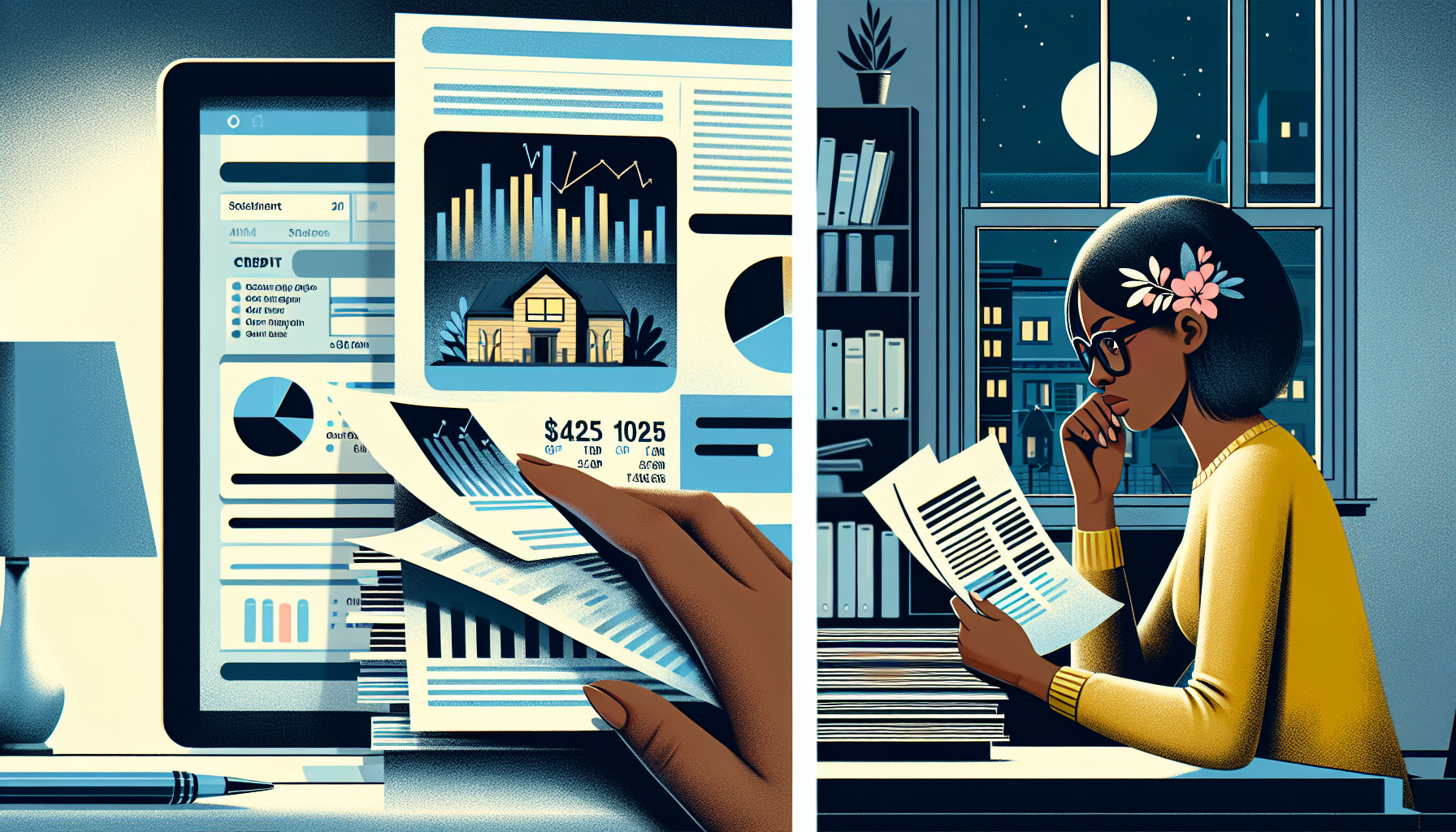 A person closely reviews financial documents on a tablet and printed papers in a home office setting at night, possibly working for a debt collection agency to ensure compliance with consumer protection laws.