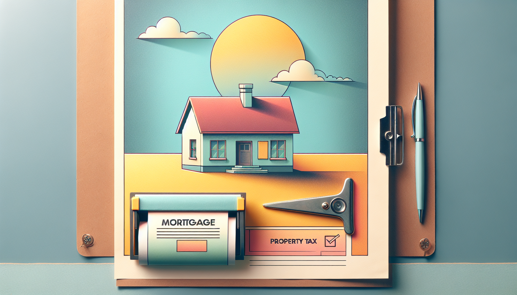 Illustration of a clipboard with a house drawing, labeled "Mortgage" and "New York City Property Tax," accompanied by a pen and a paper clamp.