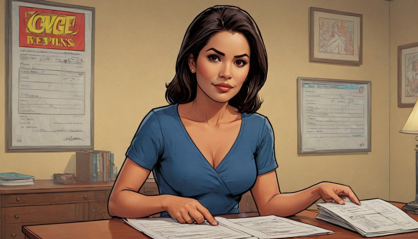 A woman with dark hair in a blue dress sits at a desk organizing papers related to an individual bankruptcy filing. The background features framed documents and artwork.