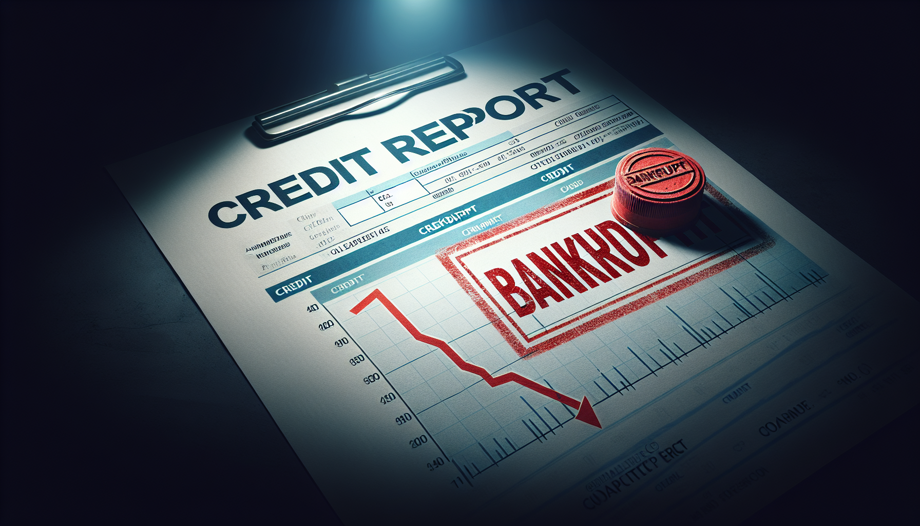 A credit report showing a downward trend graph and a large 'Bankrupt' stamp overlaid on it, highlighting the drawbacks of Chapter 7 bankruptcy. Next to it, a clipboard and rubber stamp underscore the seriousness of the financial situation.