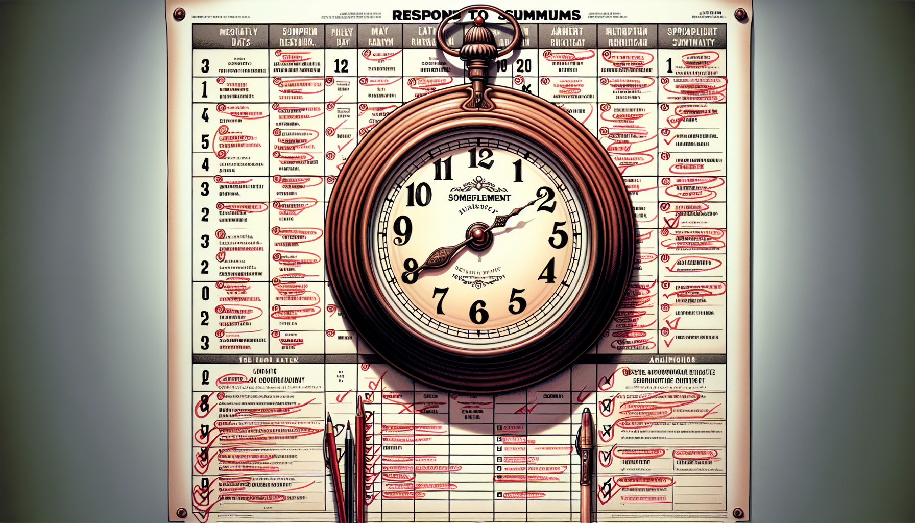 A large vintage stopwatch is overlaid on a detailed, handwritten chart filled with numerous red checkmarks and annotations, reminiscent of the meticulous planning involved in the debt recovery process.