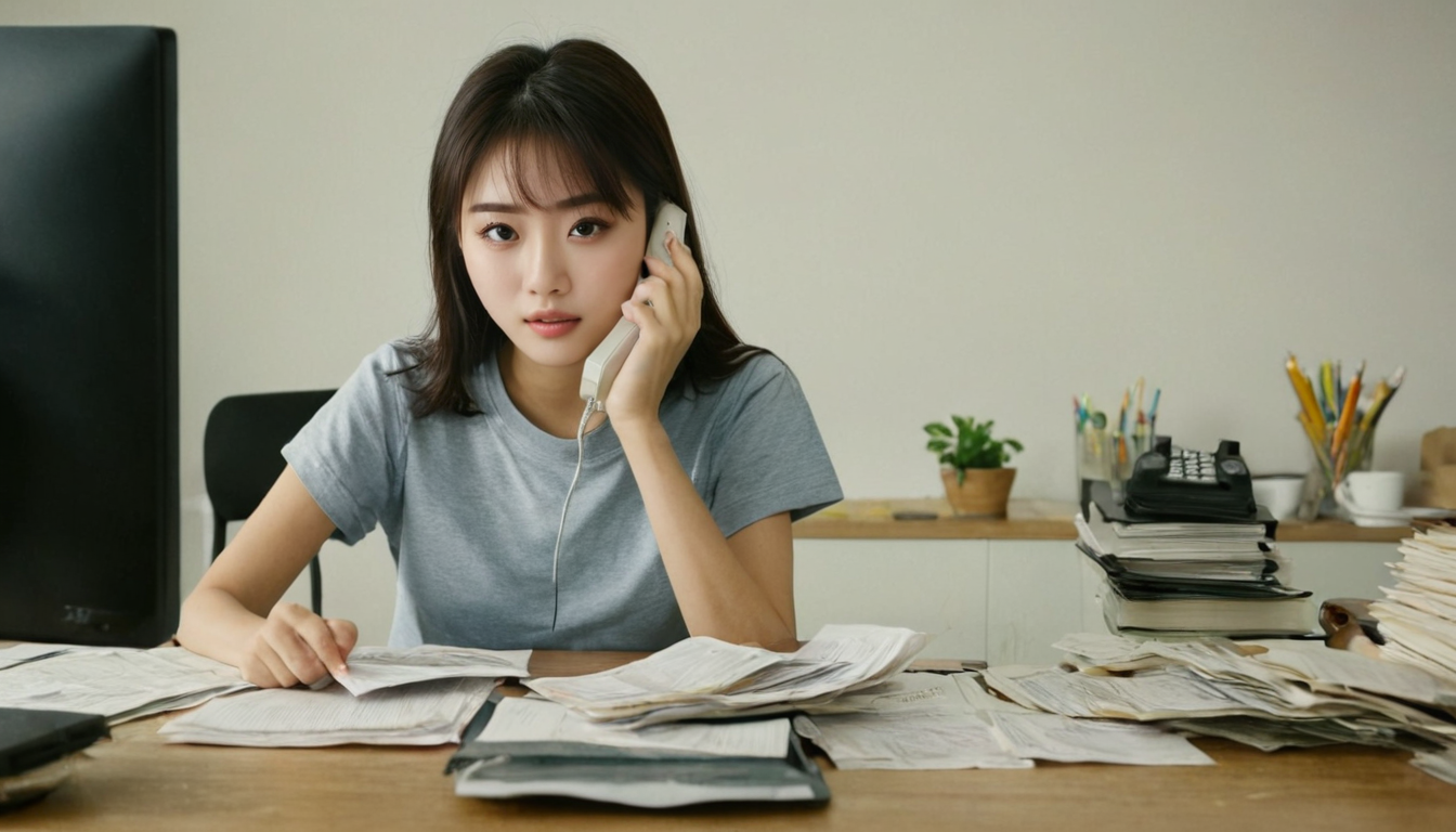 A woman in a gray shirt sits at a cluttered desk, talking on a landline phone while looking at documents related to credit card debt.