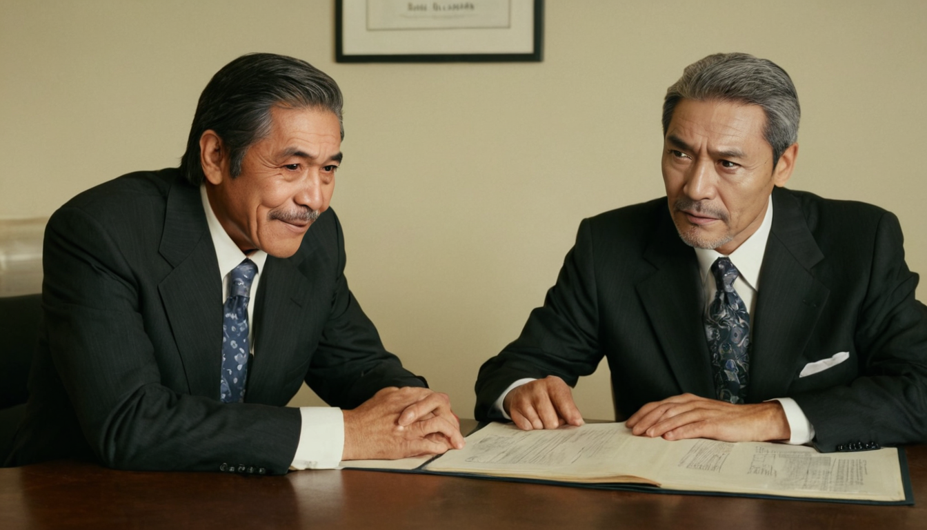 Dos hombres mayores con traje están sentados a una mesa con un documento delante. Uno sonríe y el otro parece serio. Ambos parecen estar enfrascados en una discusión sobre la protección legal ante el aumento de las deudas.