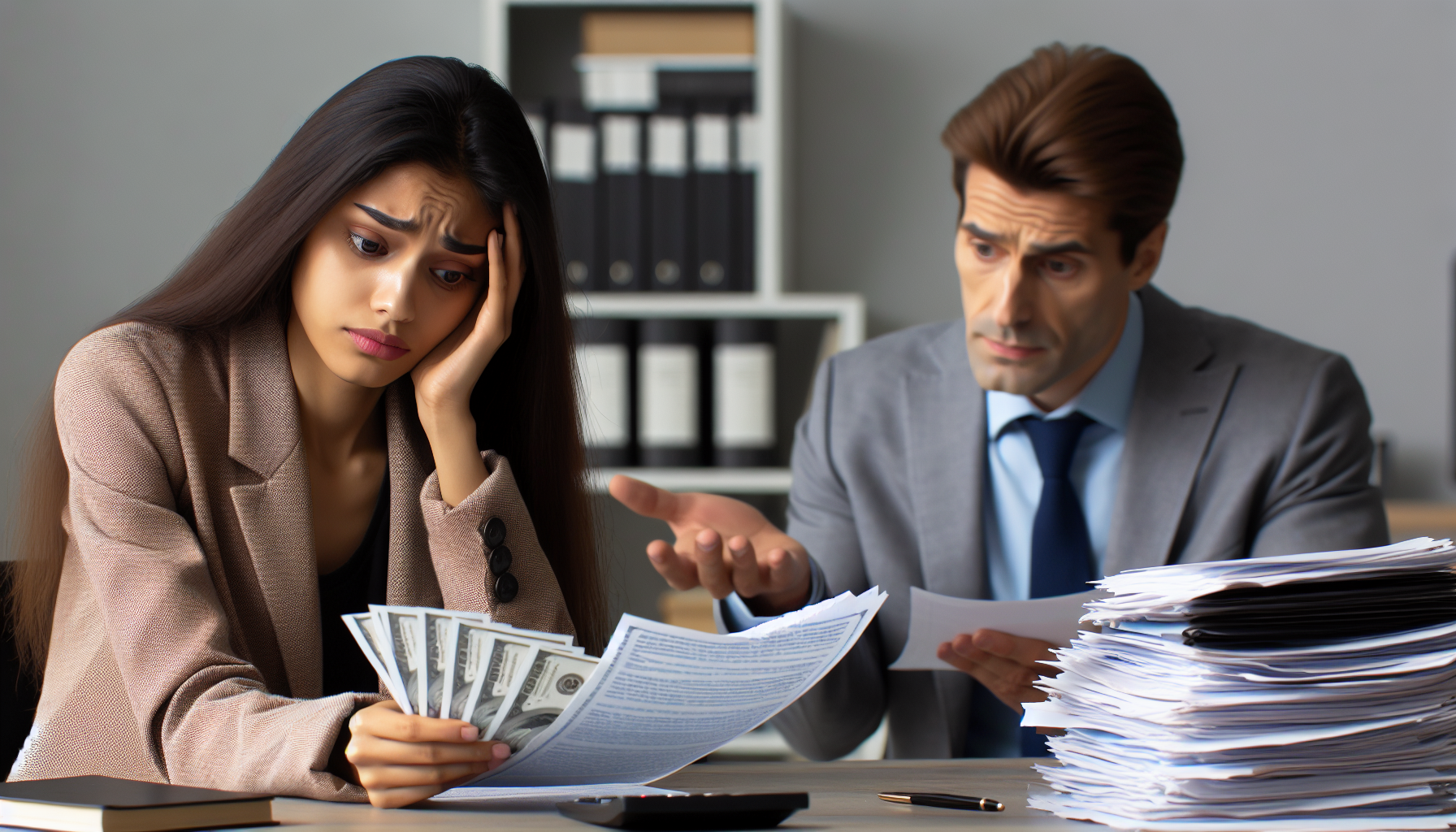 Una mujer parece estresada mientras sostiene dinero en efectivo y documentos, sentada junto a un hombre que habla sobre papeleo. Una gran pila de documentos se encuentra sobre el escritorio en un entorno de oficina profesional.