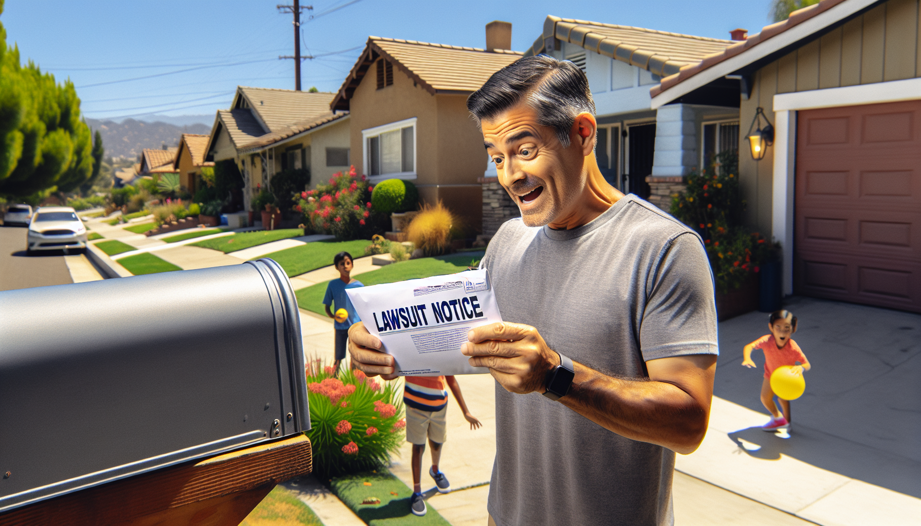 A man stands on a suburban street, reading a document labeled "Credit Card Debt Lawsuit" by his mailbox, with three children playing in the background.