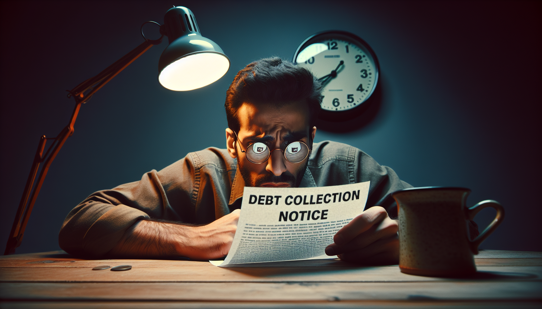 A man wearing glasses reads a debt collection notice from Central Portfolio Control under a desk lamp. A clock and a cup are visible on the dimly lit table.