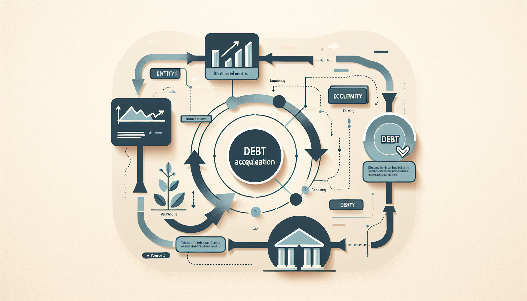 Flowchart diagram illustrating the process of debt acquisition, including terms like 'entity,' 'liability,' 'equity,' and 'due diligence.' Features graphics of charts, a plant, and a financial building. Highlights steps for debt validation to avoid entities like Midland Funding filing a debt collection lawsuit.