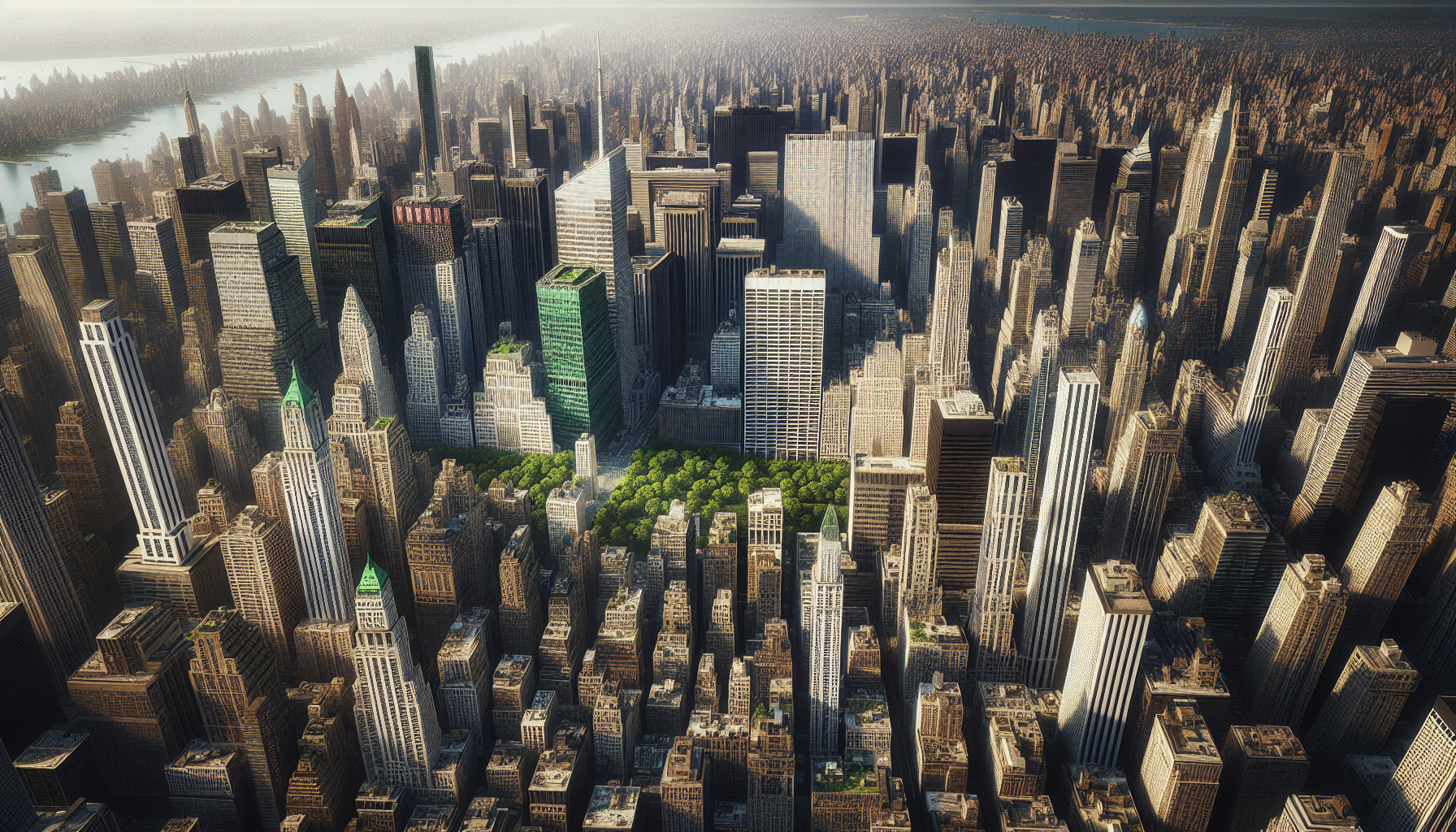 Aerial view of a dense cityscape with numerous skyscrapers and a small, green park area in the center, highlighting the impact of New York City property tax on urban planning.