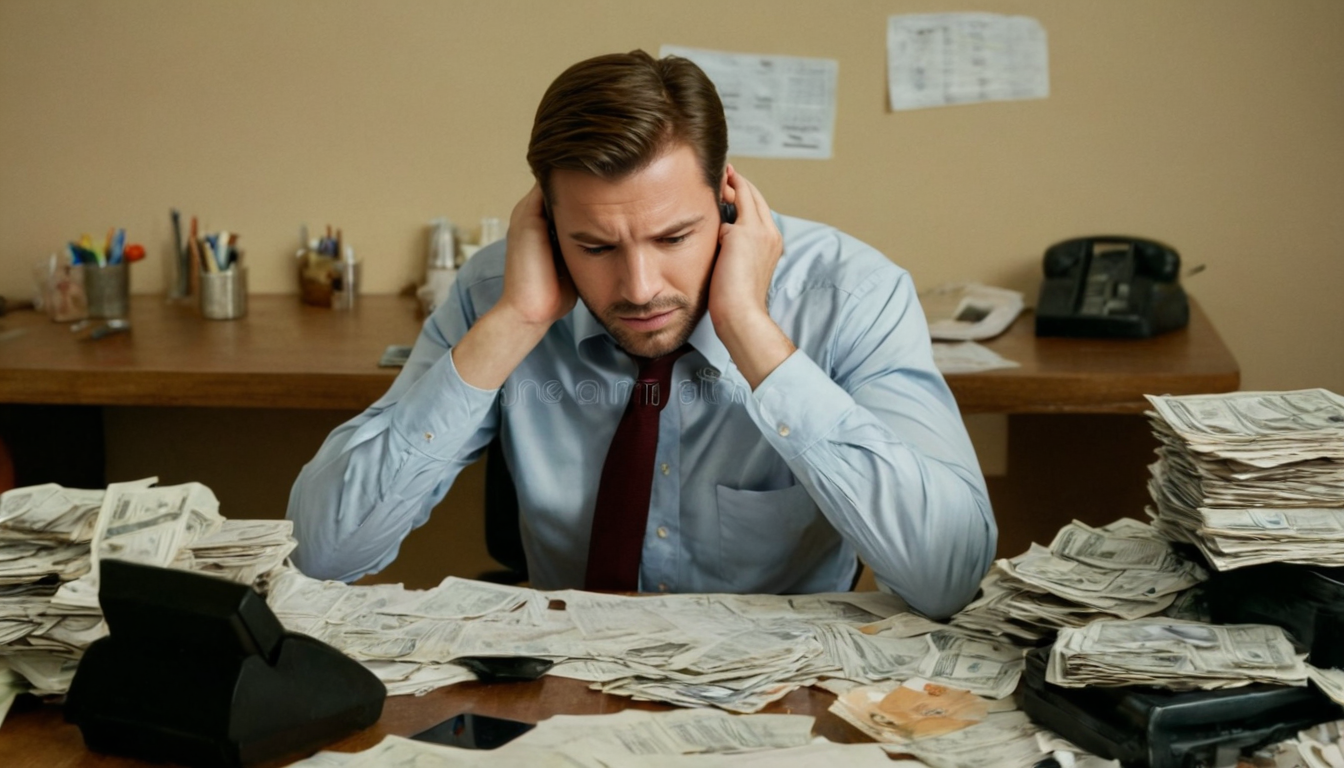 A man in a dress shirt and tie sits at a cluttered desk covered in stacks of paperwork from a debt collection agency and money, looking stressed with his hands on his ears.