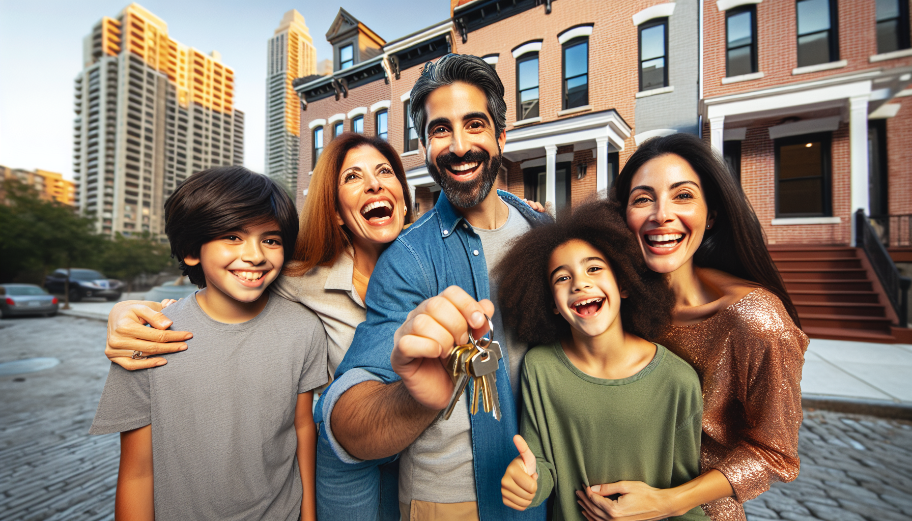 A smiling family of five poses outside a row of brick townhouses, with an adult male holding a set of house keys in the foreground, celebrating after a thorough real estate contract review.