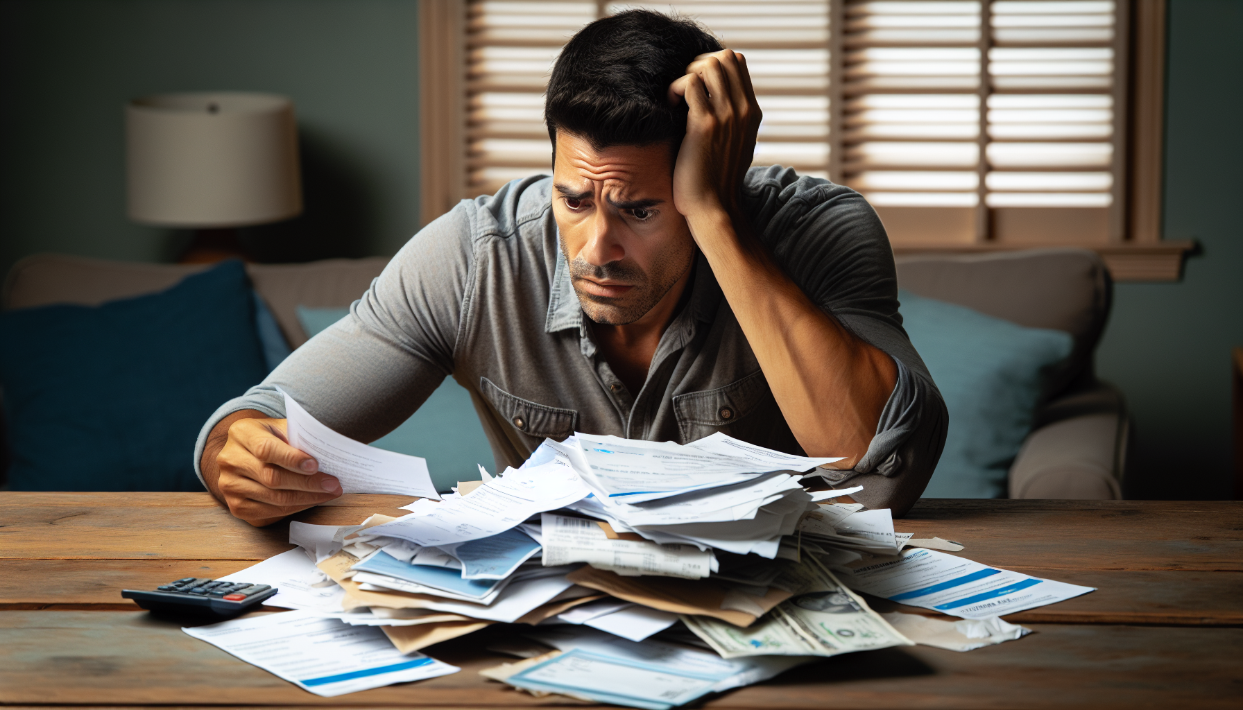 A man sits at a table, holding a document and looking stressed. A large pile of papers and envelopes, along with a calculator and some cash, are spread out in front of him&mdash;he's likely dealing with financial issues, pondering United Collection Bureau reviews for help.