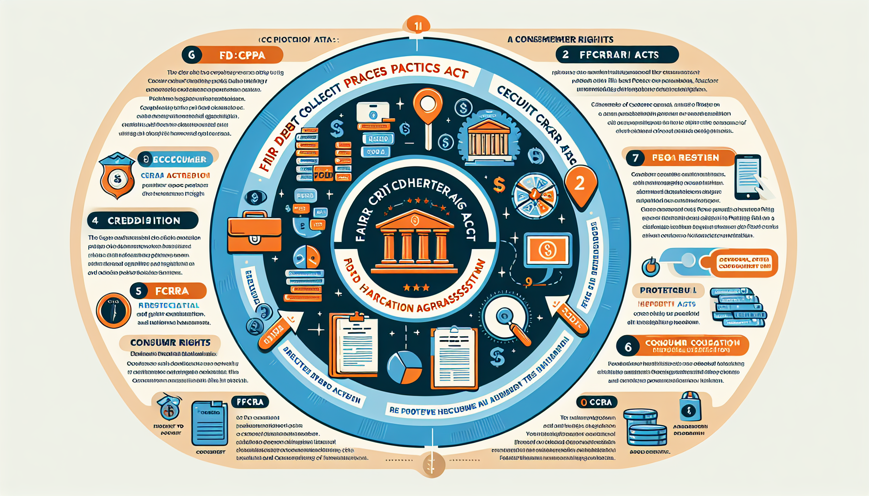 Infographic depicting U.S. consumer rights and protection laws with a central feature on the Fair Credit Reporting Act (FCRA). Surrounding sections highlight key acts, regulations, and consumer rights related to Financial Services and Debt Collection Agencies.