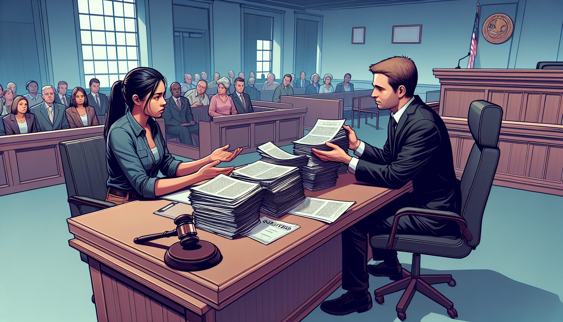 A woman and a man exchange documents across a desk in a courtroom, surrounded by seated observers. A gavel and papers lie on the desk, while the judge looks on intently. It&rsquo;s a tense moment in the process of consumer debt recovery.