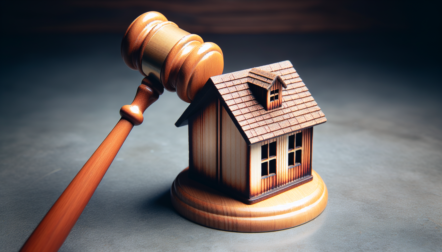 A wooden gavel placed next to a small wooden house model on a grey surface, symbolizing NYC real estate legal matters and property assessment.
