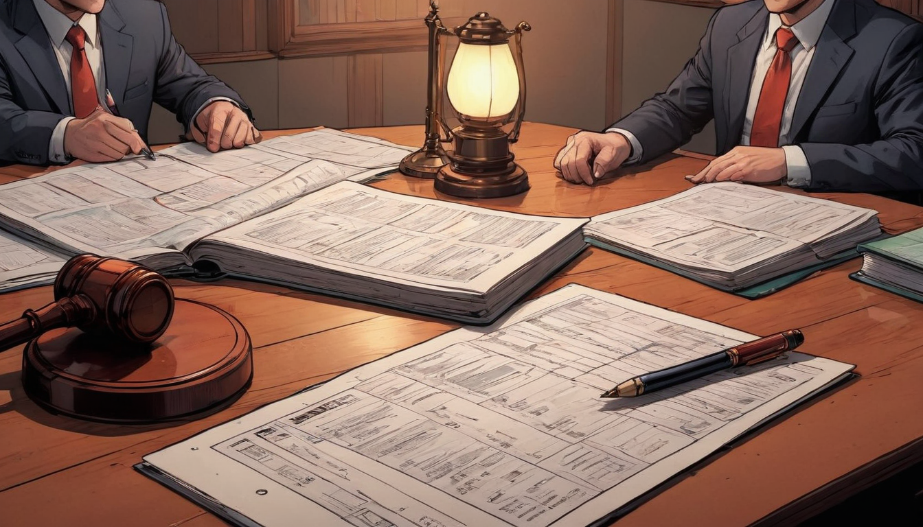 Two men in suits sit at a wooden table with legal documents, a gavel, and a lamp, discussing bankruptcy and marital assets.
