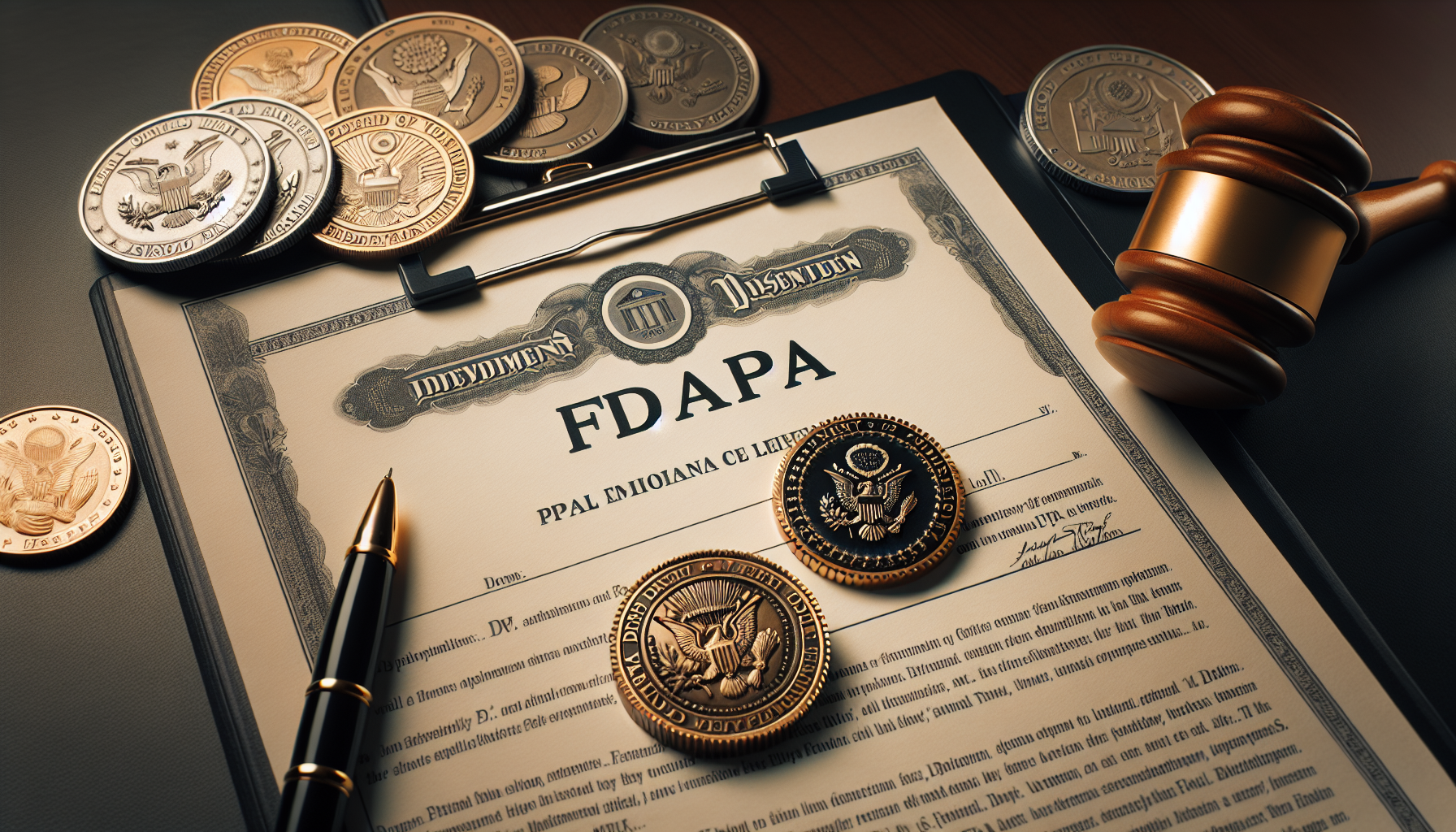 Un certificado con la etiqueta "Aprobación de la FDA" en un portapapeles, rodeado de varias monedas, un bolígrafo y un mazo, que simbolizan la aprobación y autoridad oficial.