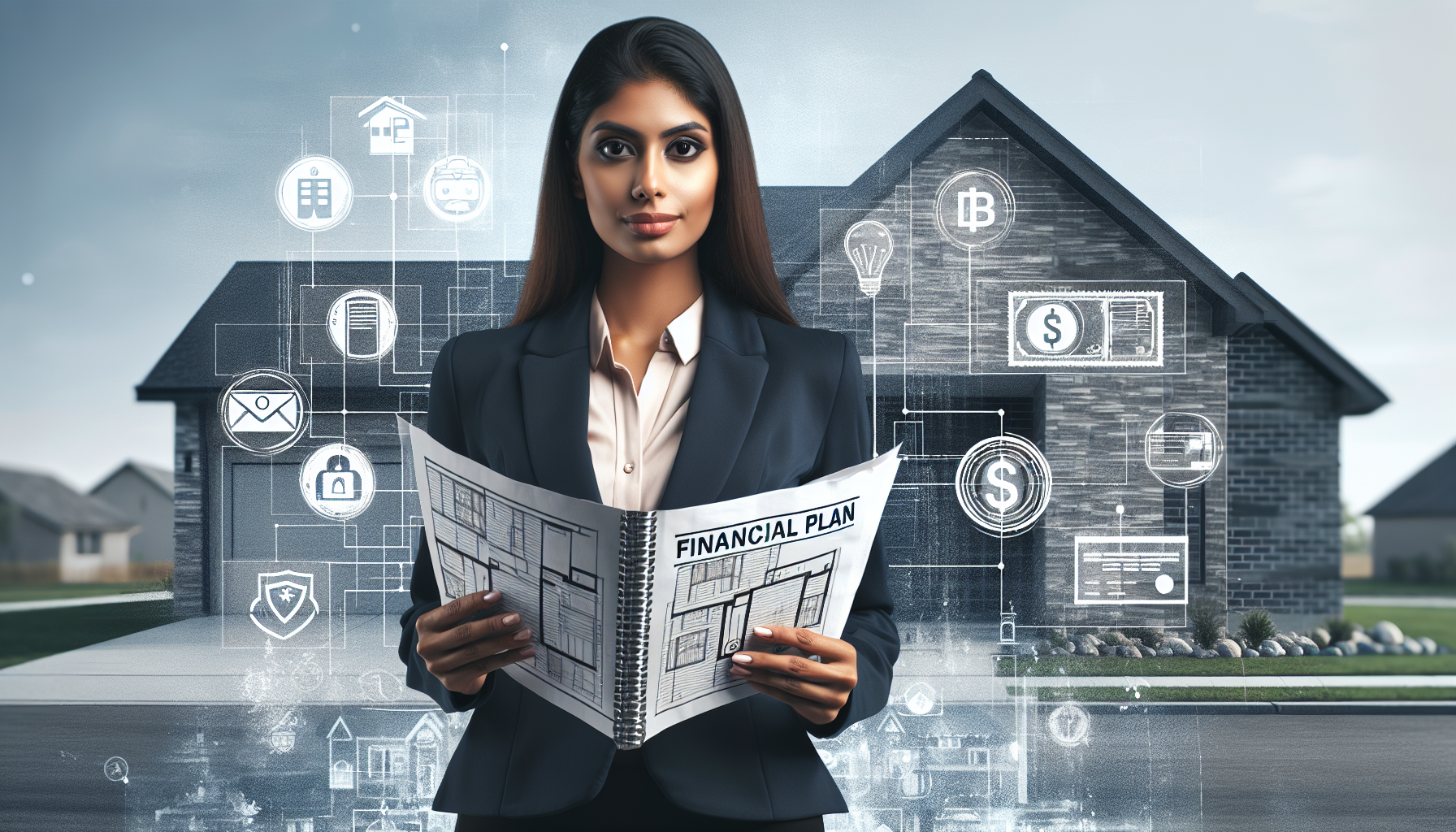 A woman in business attire holds a financial plan folder while standing in front of a house. Digital icons representing finance and real estate hover around her, highlighting potential Chapter 7 bankruptcy risks.