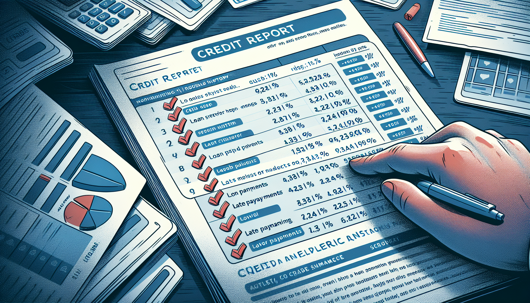 A hand holds a pen reviewing a detailed credit report from United Collection Bureau reviews. Tables list various credit metrics, with checkmarks and notes. Financial documents, a calculator, and charts surround the report.