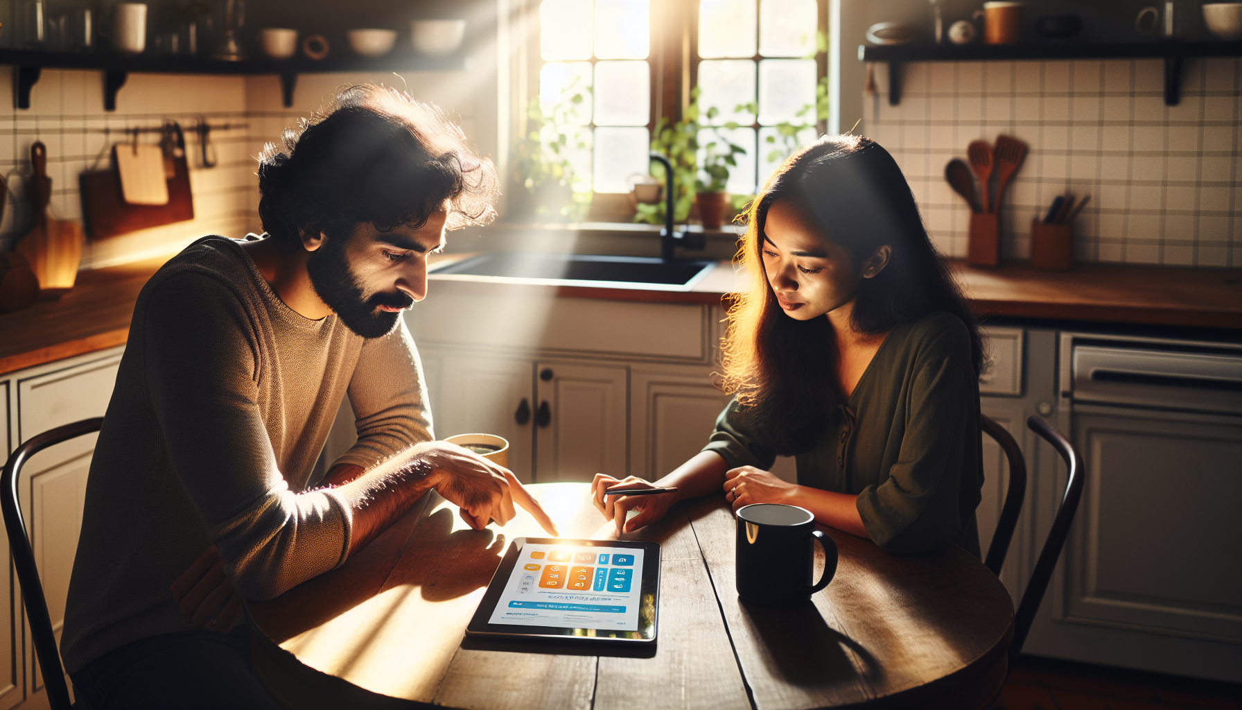 Two people sit at a kitchen table focusing on a tablet displaying colorful charts related to mortgage after bankruptcy, with mugs beside them and sunlight streaming in through a window.