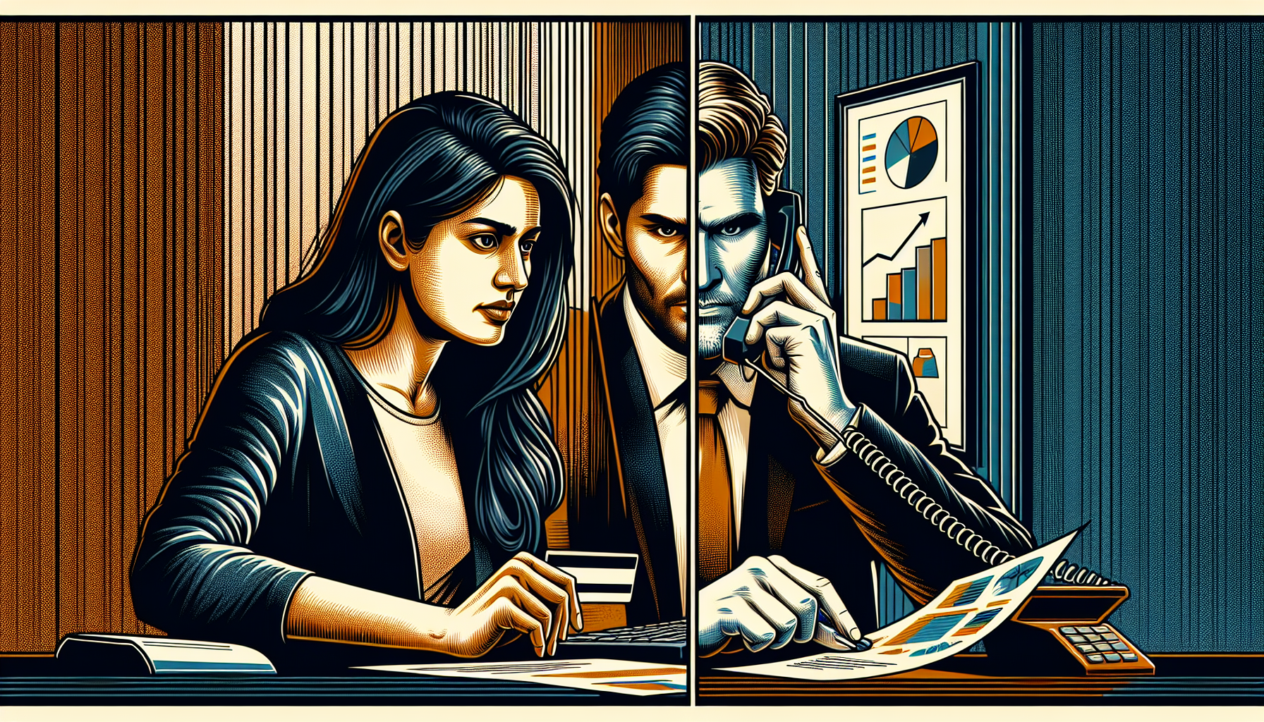 Una imagen ilustrada muestra a una mujer a la izquierda trabajando en una computadora y a un hombre a la derecha hablando por teléfono, con gráficos y cuadros en el fondo.