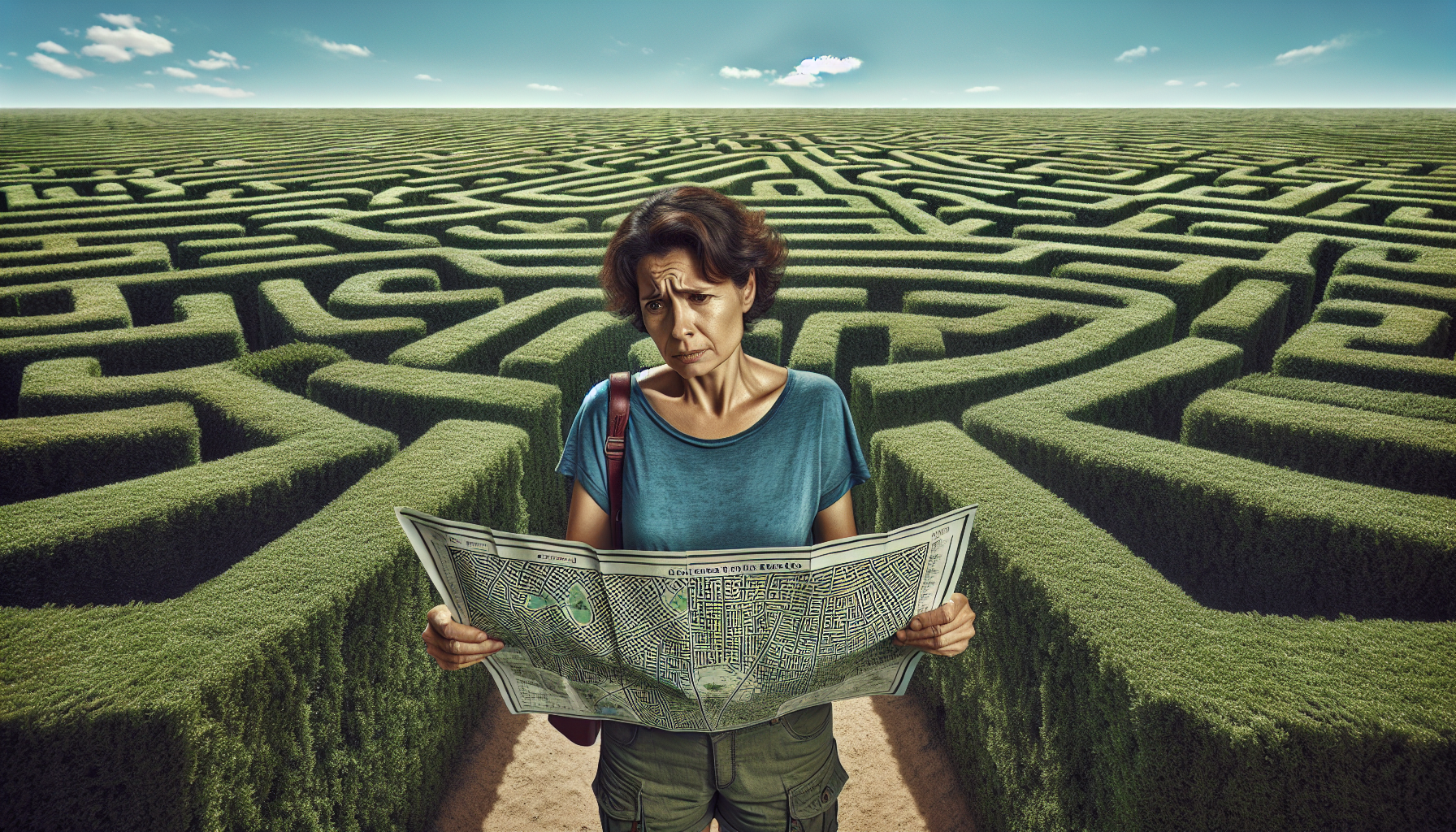 A person stands at the entrance of a large hedge maze, looking confused while holding a map, reminiscent of navigating New York real estate attorney services.