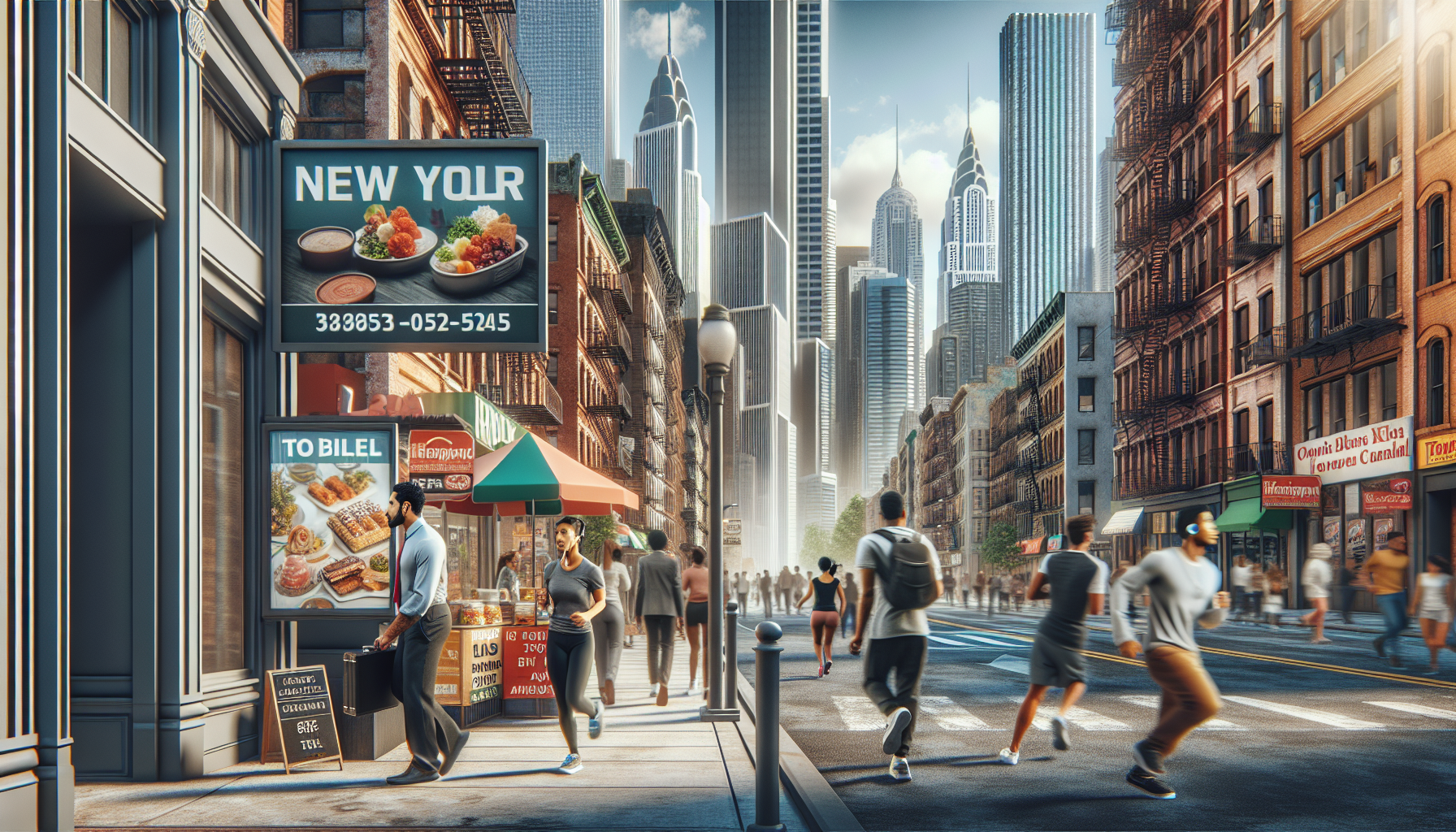 Busy urban street scene with pedestrians walking and jogging. Buildings feature multiple signs, including a restaurant and a corner store advertising a free legal consultation for real estate. Tall skyscrapers are visible in the background under a clear sky.