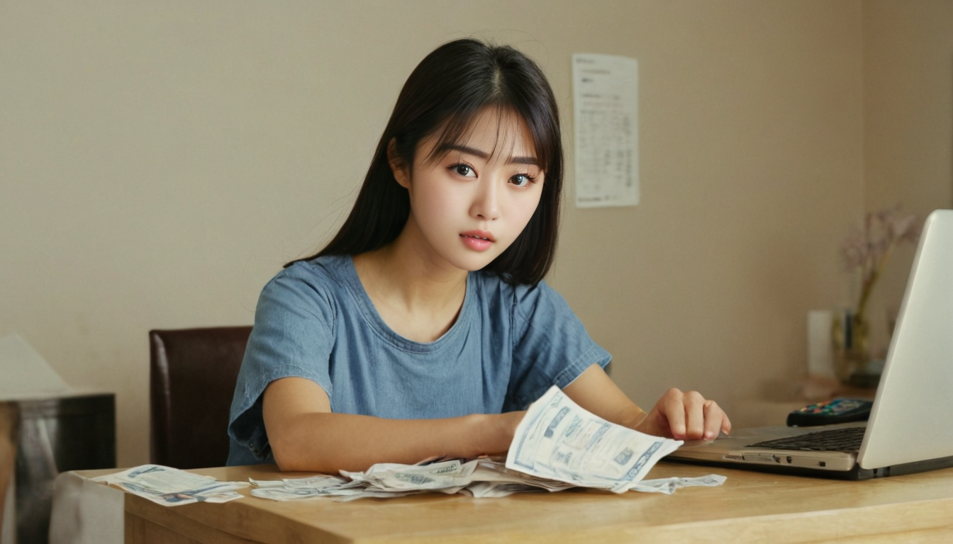 A young woman in a blue t-shirt sits at a table with scattered paper money and a laptop, looking at the camera, seemingly navigating her way through unifin's debt settlement process.