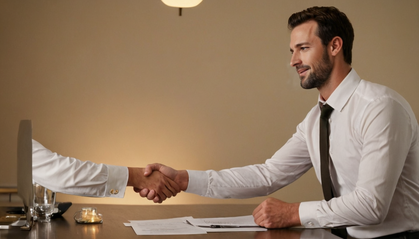 Two individuals in white shirts are shaking hands across a desk in an office setting, indicating agreement or collaboration, possibly on resolving credit card debt. Documents and a small decorative item are visible on the desk, suggesting this might be taking place at a debt collection agency.