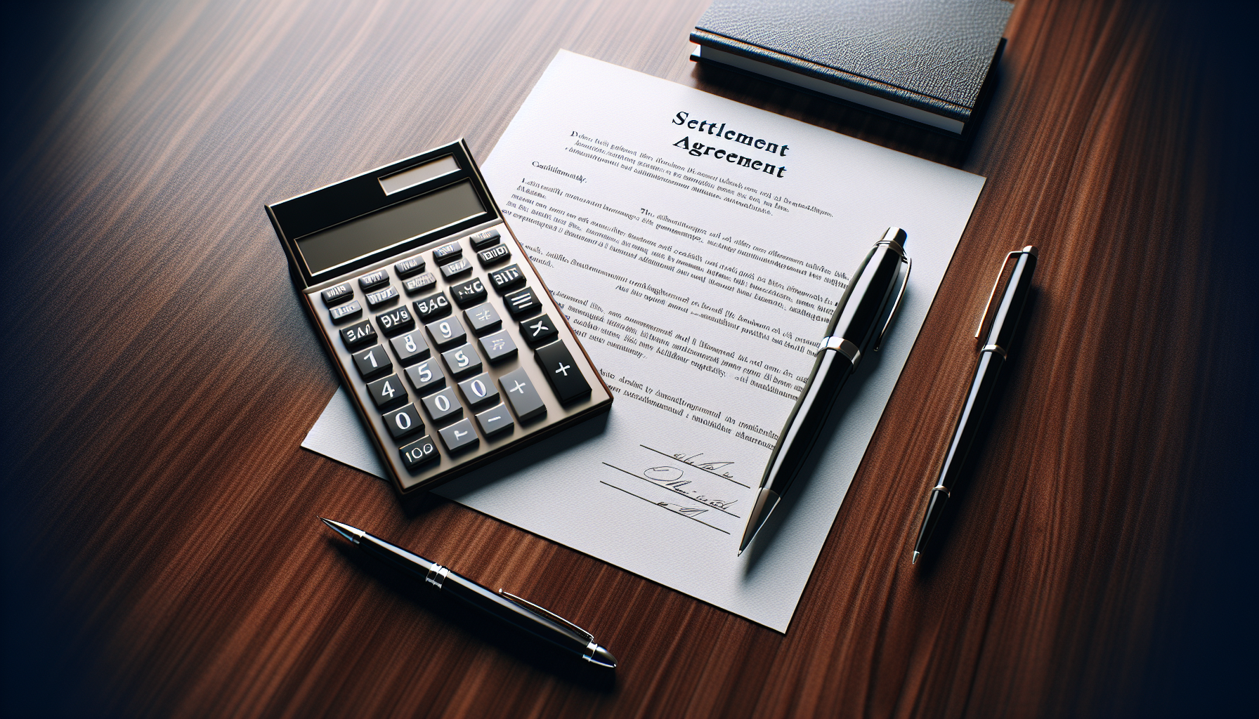 A settlement agreement on a wooden desk, accompanied by a calculator, two pens, and a leather-bound notebook—a typical scene at Wakefield and Associates Debt Collection Agency.