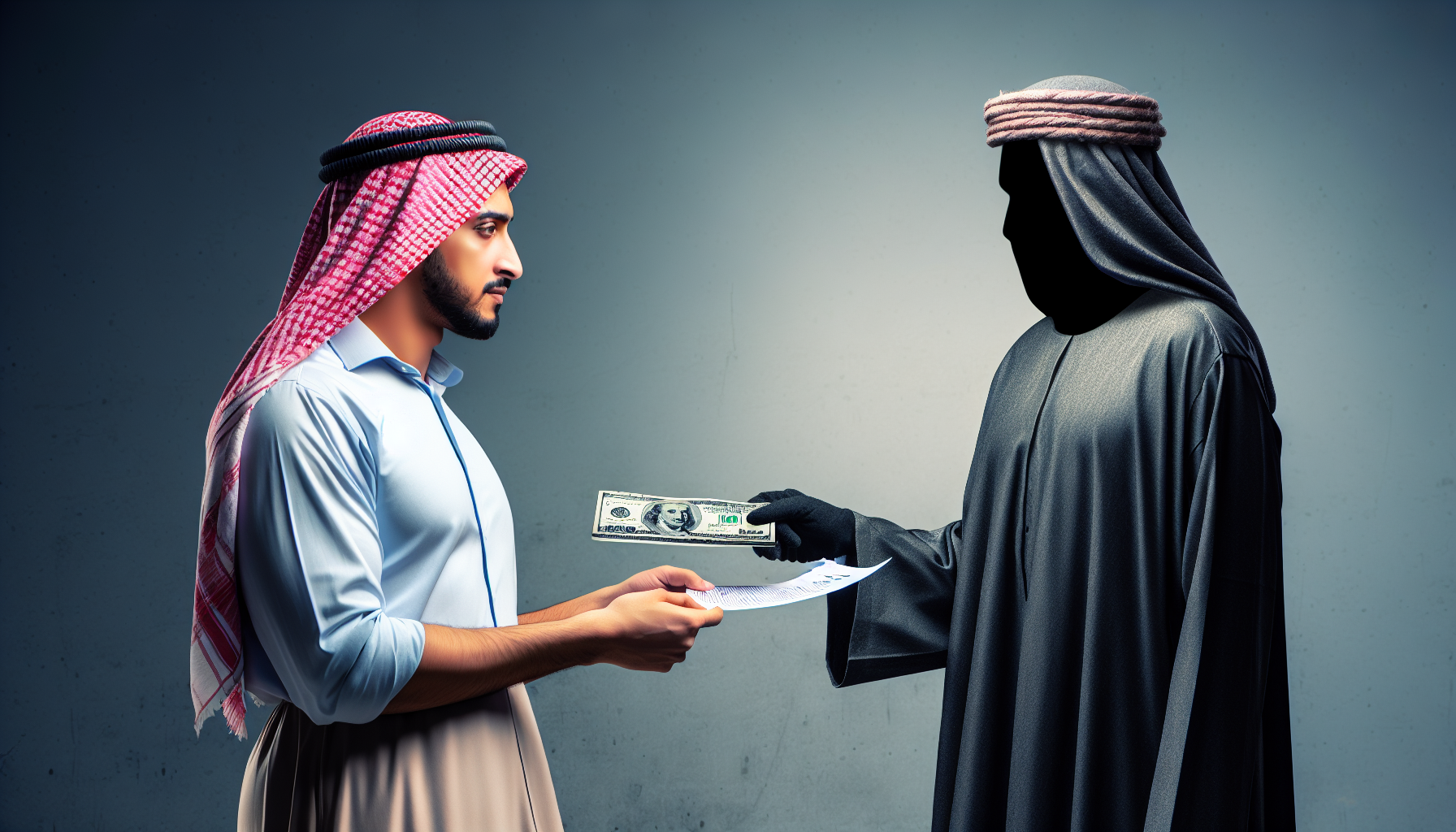 A man hands documents to a shadowy figure dressed in traditional attire who is holding a hundred-dollar bill, caught in the midst of a Midland Credit Management lawsuit.