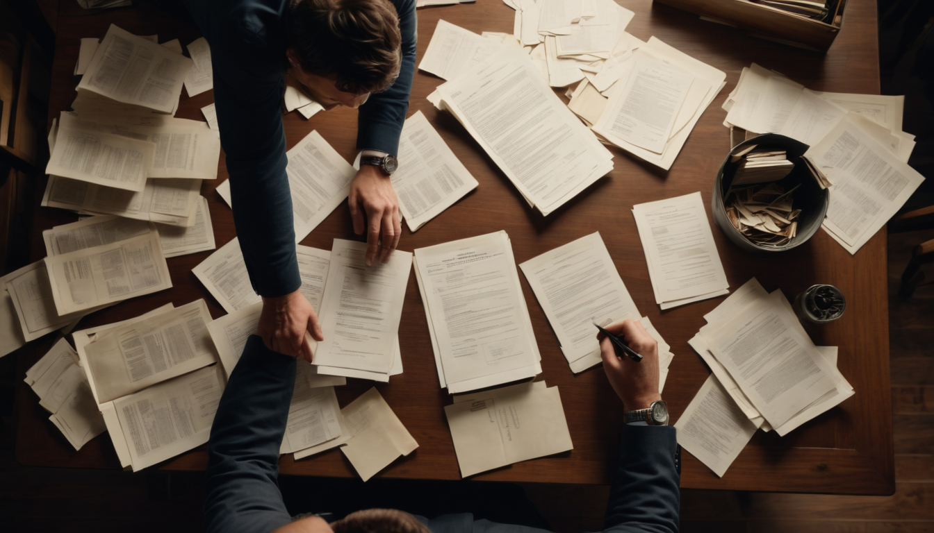 Top-down view of two people working at a desk covered with scattered documents and papers related to Chapter 7 341 meeting questions.