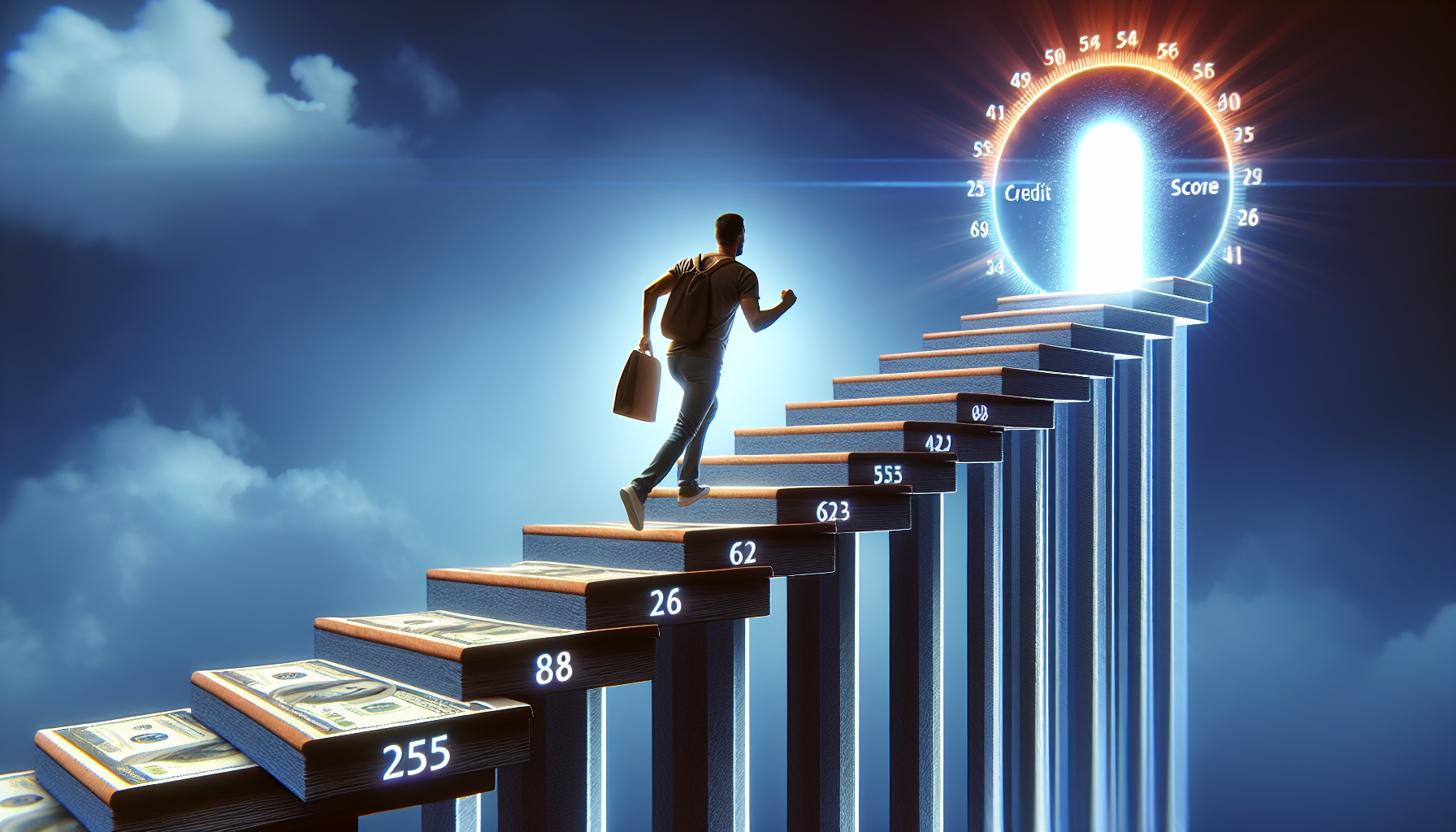 A person ascends a staircase made of blocks with various credit scores and banknotes, navigating issues like debt validation along the way. At the top, a glowing portal labeled "Credit Score" awaits, representing their journey through consumer rights.