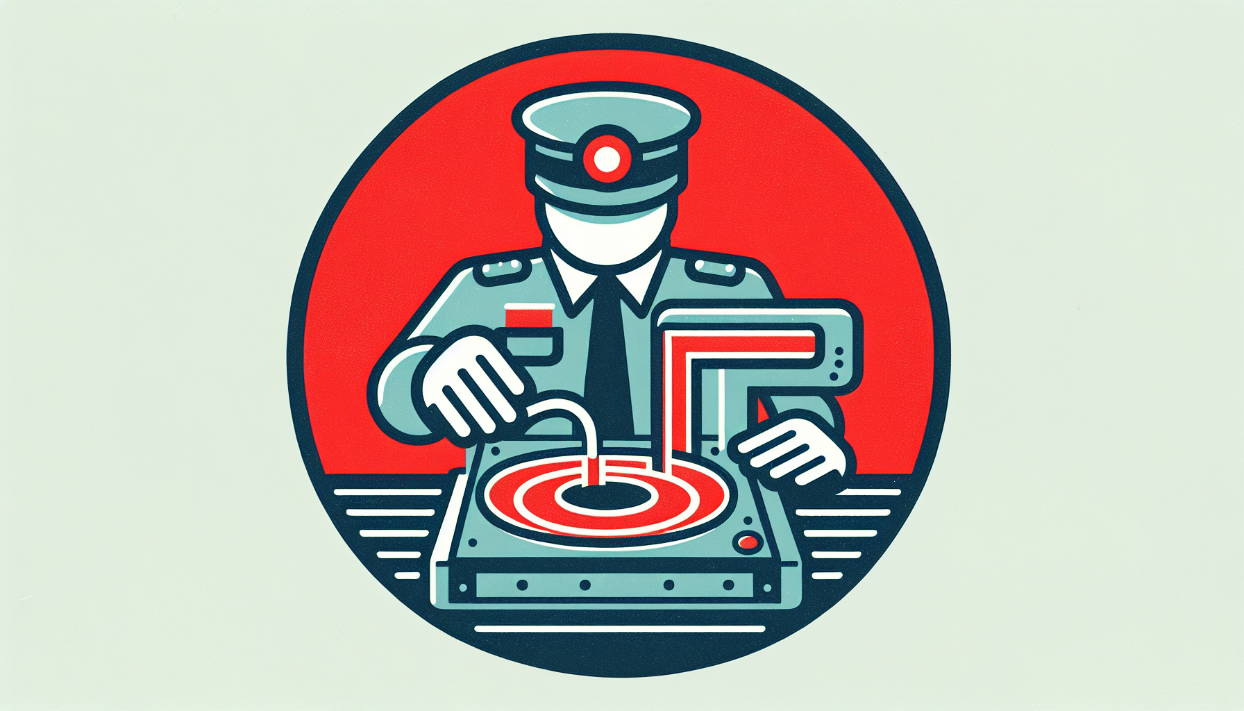 Ilustración de una persona uniformada que utiliza una máquina con una pantalla similar a un radar, rodeada por un borde rojo y negro.
