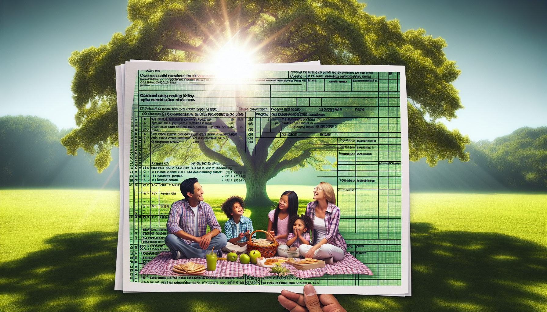 A hand holds a tax form overlaying the image of a family enjoying a picnic under a tree on a sunny day, highlighting the importance of understanding NYC property tax exemptions in the ever-evolving NYC real estate market.