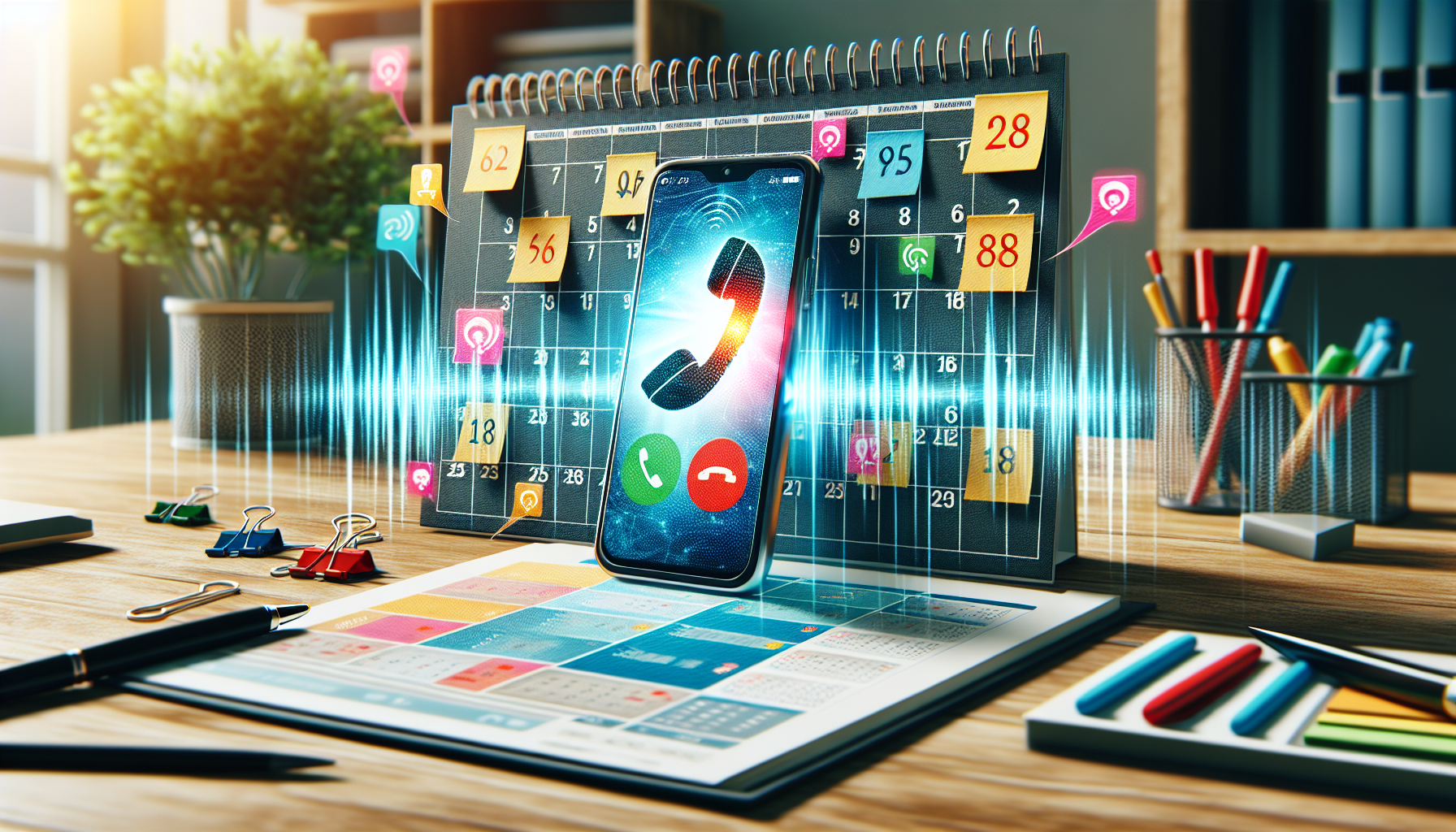 Un teléfono inteligente que muestra una llamada entrante, flotando frente a un calendario con notas adhesivas de colores y elementos digitales, se coloca sobre un escritorio con varios suministros de oficina.