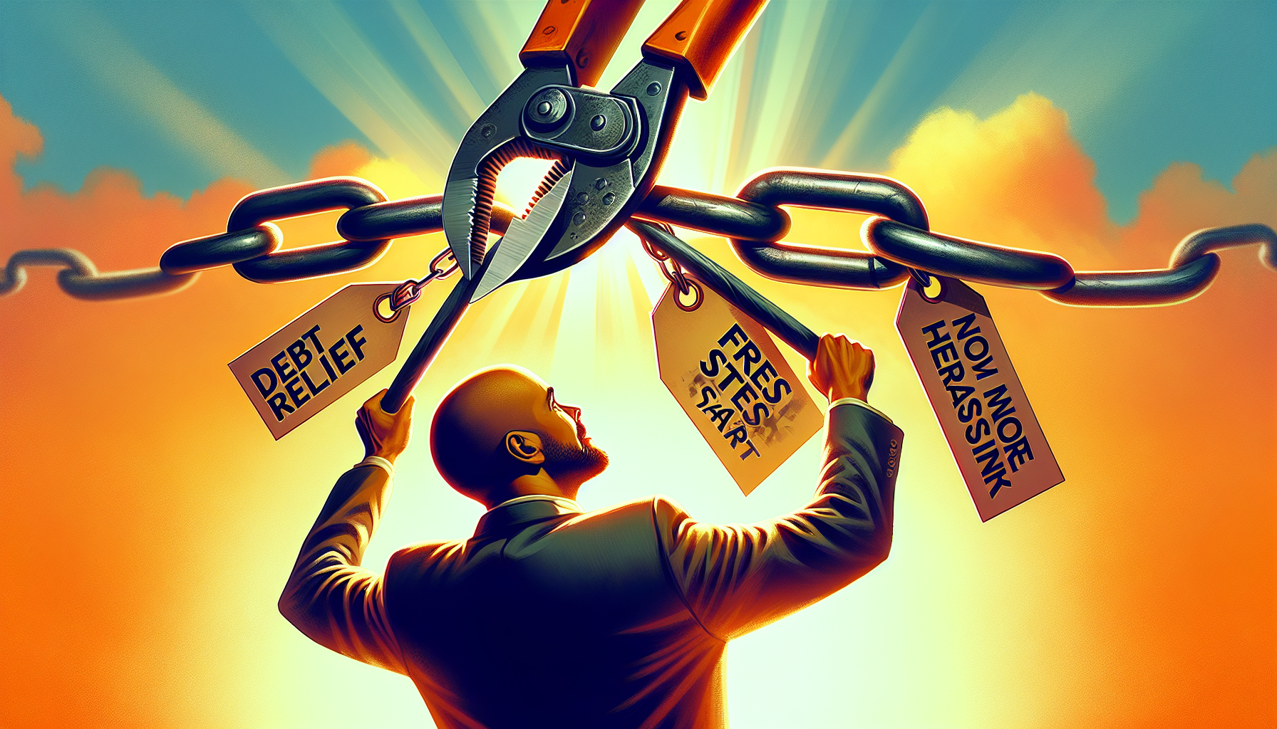 An illustration of a person using pliers to cut a chain, with tags labeled "Debt Relief," "Fresh Start," and "New More Fulfilling" attached to the links. Sunlight beams burst through the background, subtly hinting at the drawbacks of Chapter 7 bankruptcy within this newfound freedom.