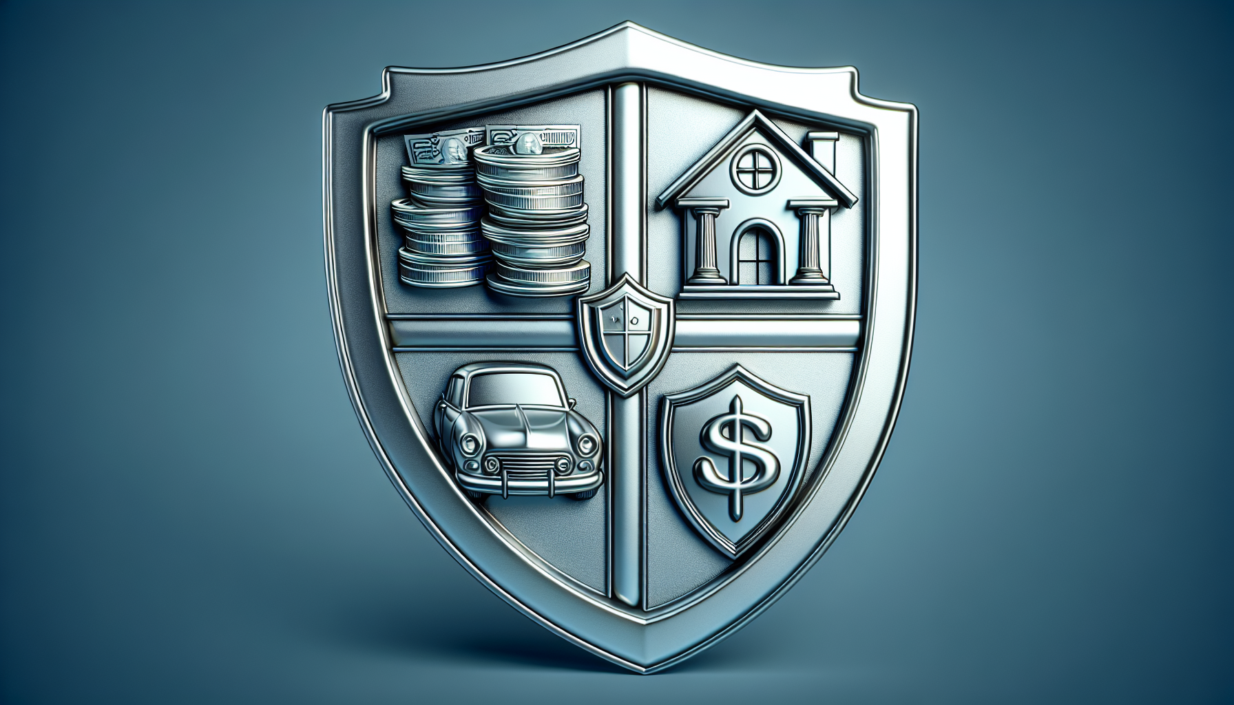 Un escudo metálico con cuatro cuadrantes que representan pilas de monedas, una casa, un automóvil y un signo de dólar, que representa protección financiera.