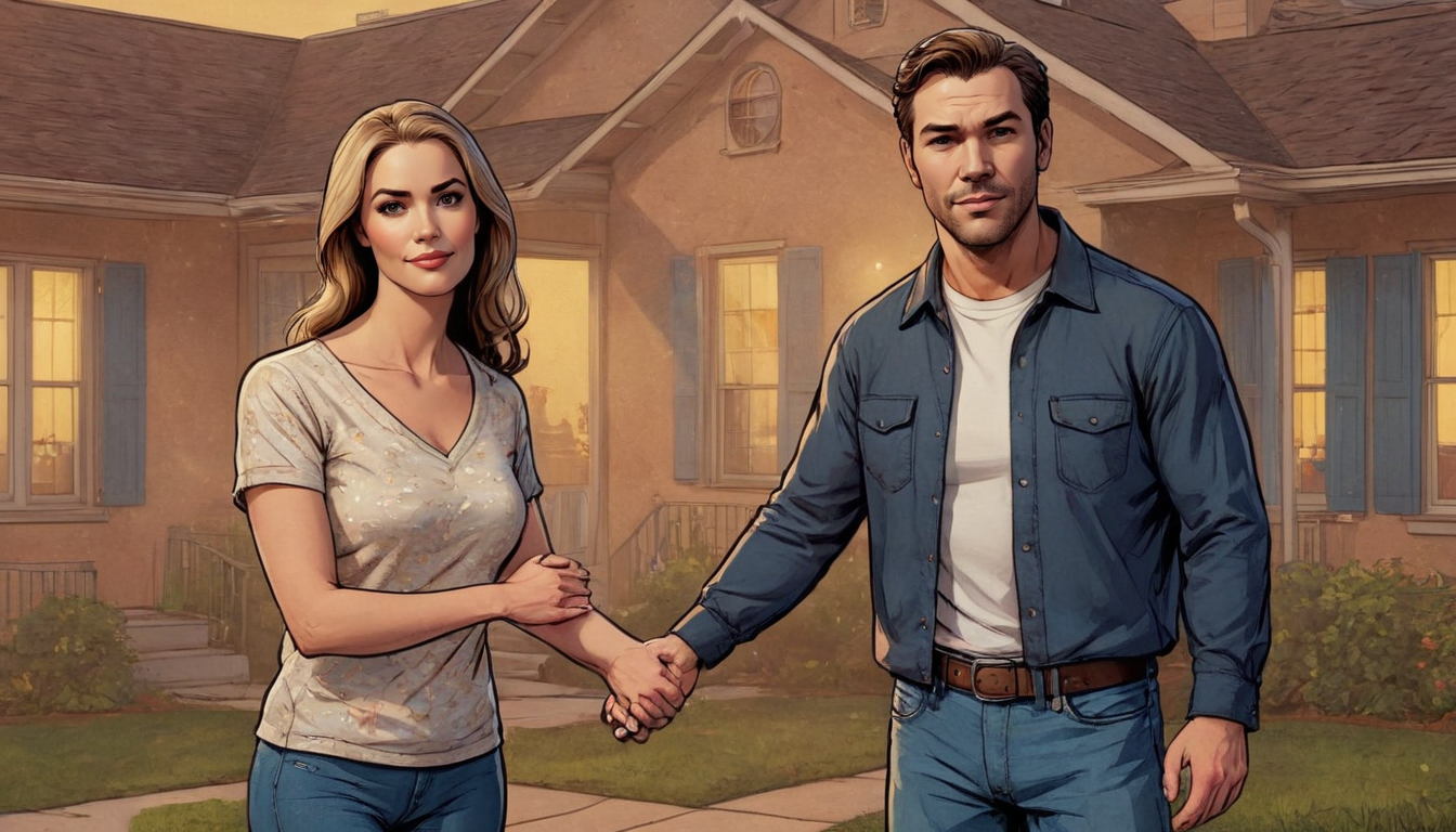A man and a woman stand holding hands in front of a house with blue shutters and a porch, both dressed casually, contemplating the impact of spouse bankruptcy on their shared assets.