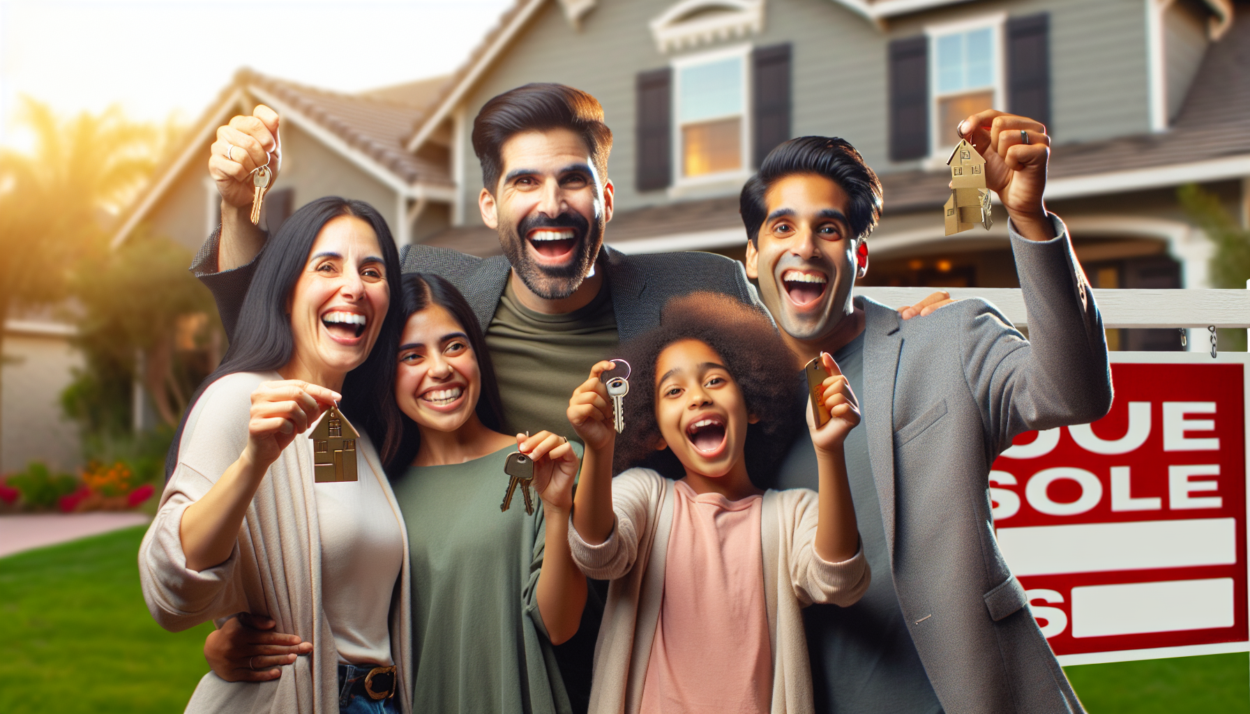 A group of five smiling people, holding house keys, stands in front of a house with a "Sold" sign in the background, thanks to an expert New York real estate attorney.